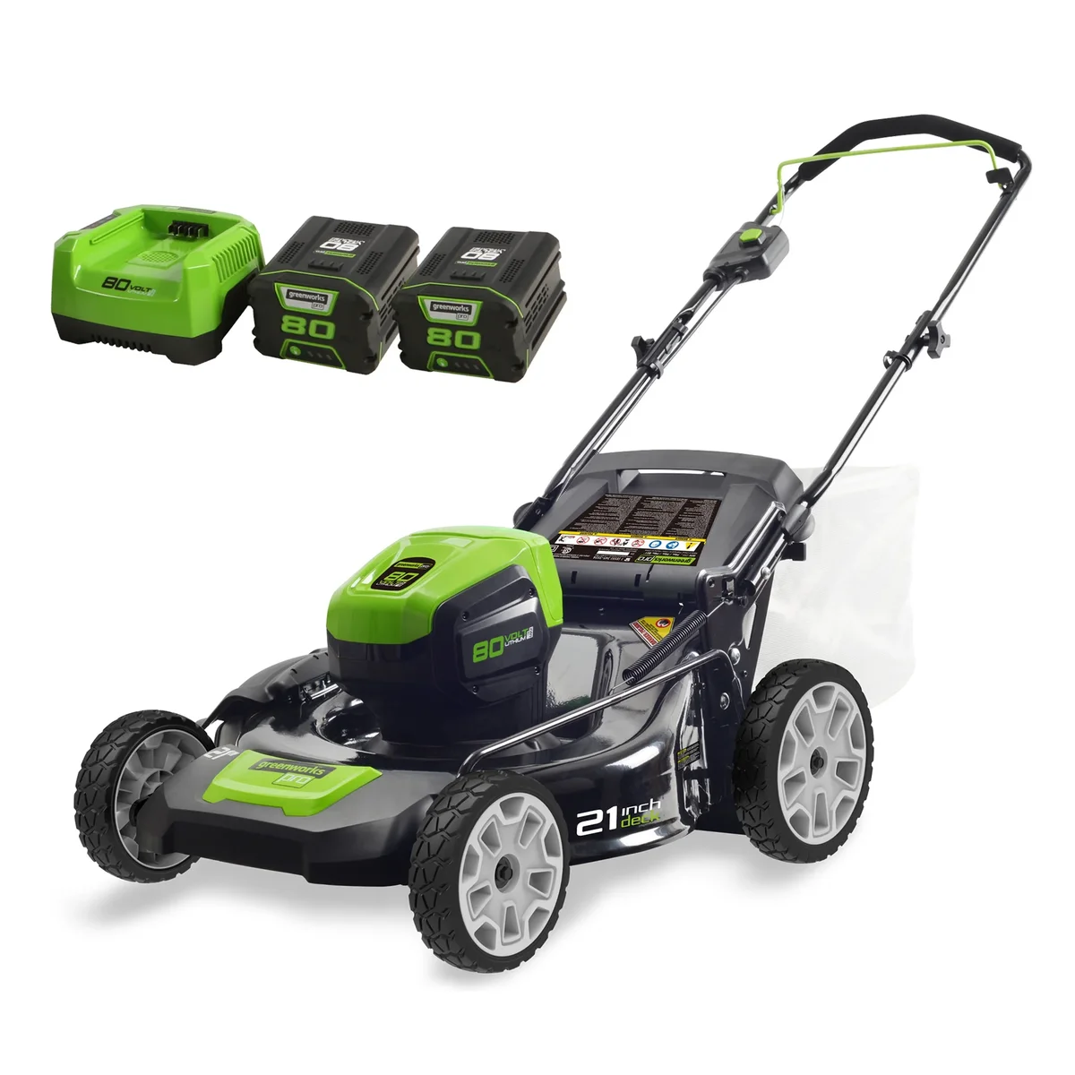 Greenworks 80V 21" Battery Powered Push Walk-Behind Mower + Two 2.0Ah Batteries & Charger 8529