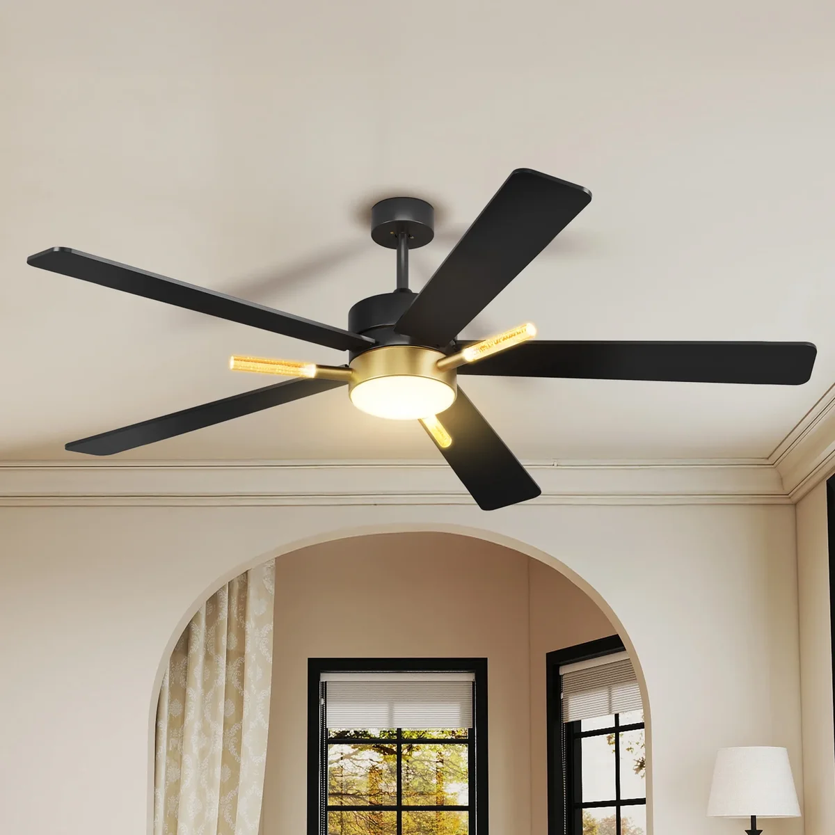 Uforic 52-inch Modern Black and Gold Ceiling Fan with Lights and Remote Control,5 Blades with Crystal Rod Design 2424