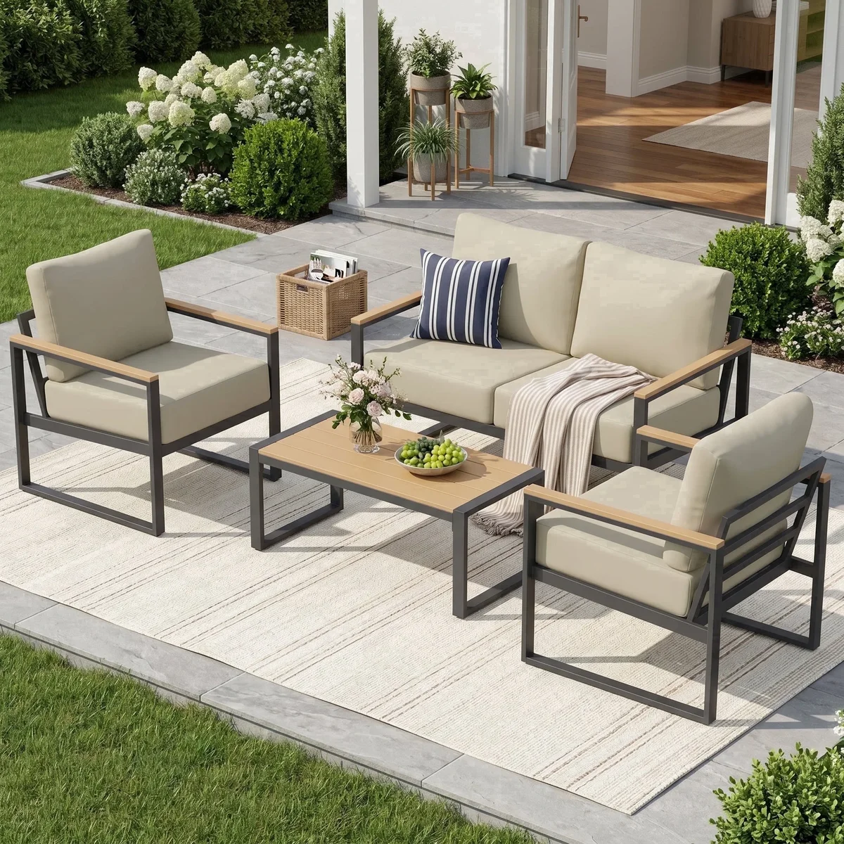 Sunmthink 4-Piece Outdoor Patio Furniture Set, Modern Metal Conversation Set for Porch, Deck, Balcony (Beige) 0071