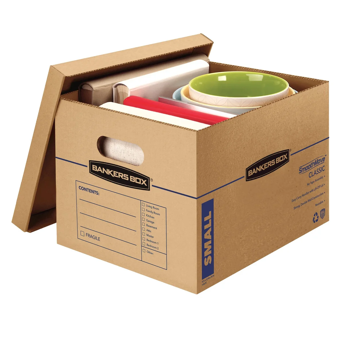 Bankers Box SmoothMove Classic Small Moving Boxes, 15l x 12w x 10h, Kraft/Blue, 10/Carton 0289