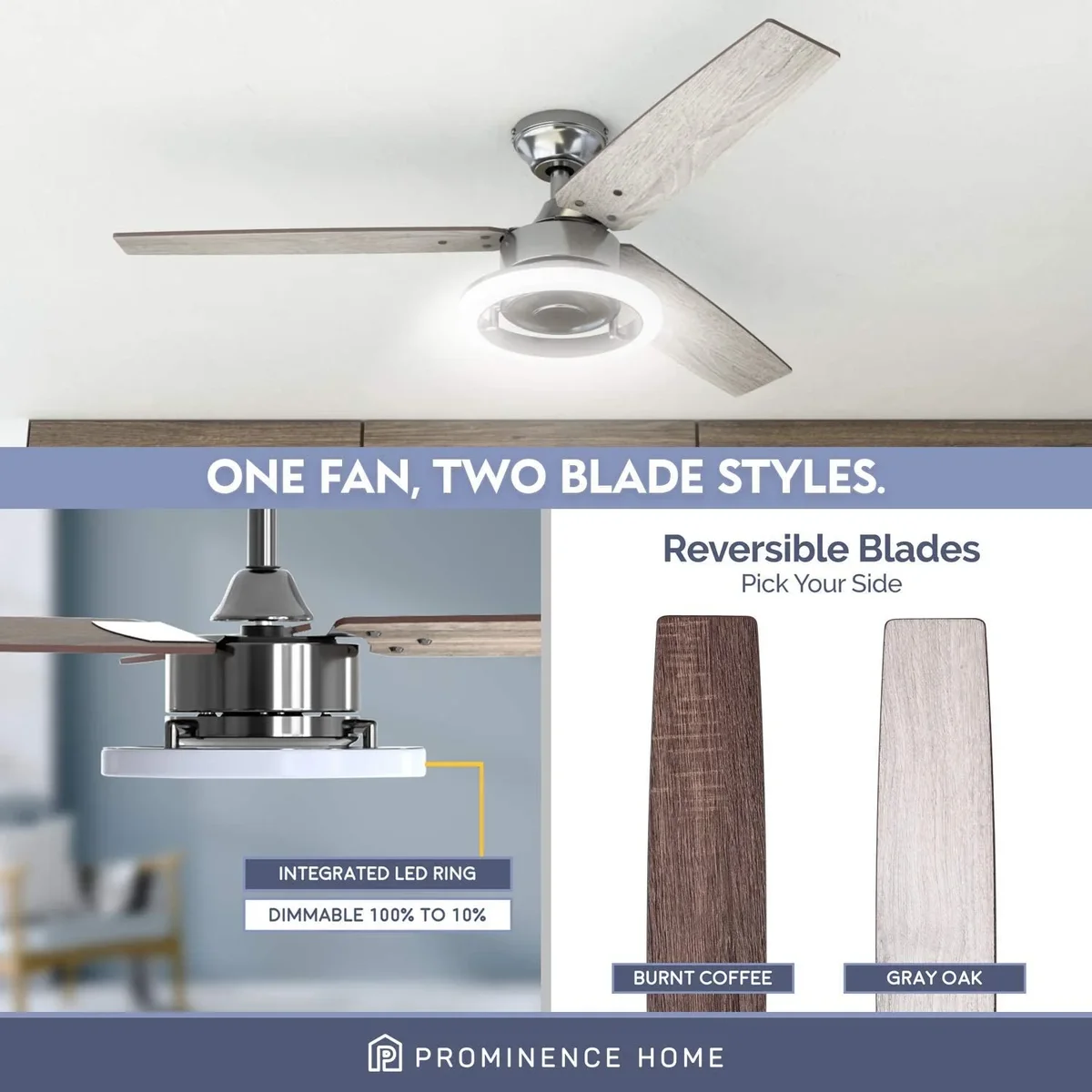 Everdaily Essentials 52" Orbis Gun Metal Remote Control Ceiling Fan, 3 Blades, LED Ring Ref. 2464