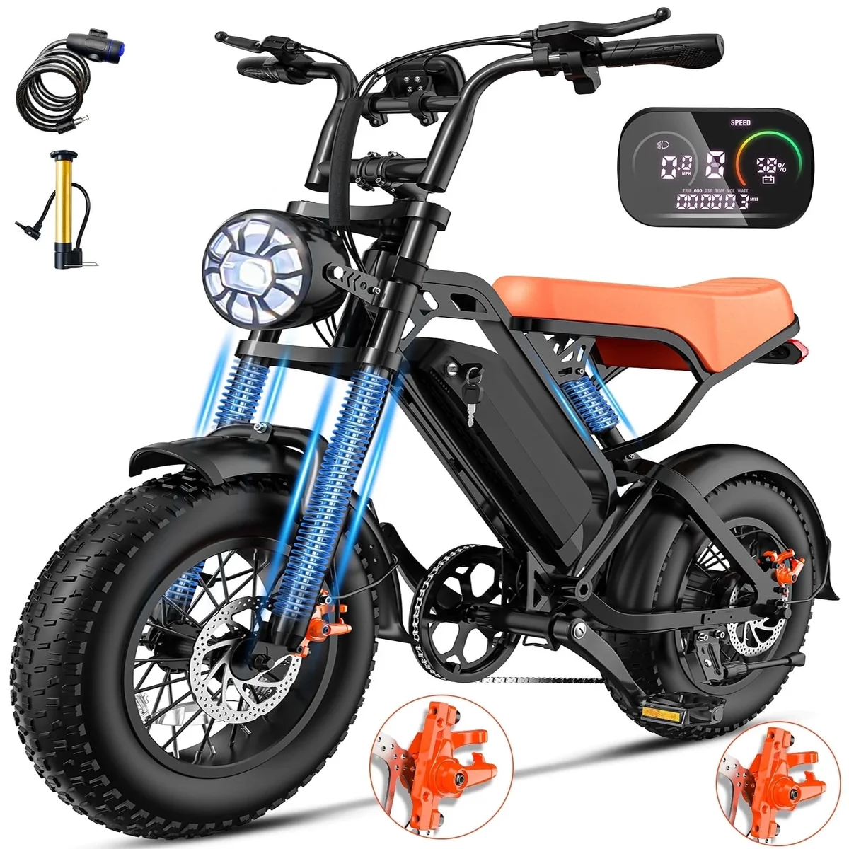 Rexei Yeki 1200W Off-Road Electric Bike for Adults, 48V 18AH Removable Battery, 16" Wide Tires, 5-Speed Transmission, Dual Disc Brakes & Spring Suspension 4878