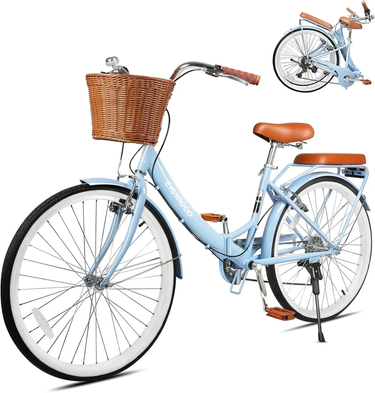 Gaonala 26 inch 7 Speed Folding Beach Cruiser Bike for Women Step Through Frame Adjustable Seat Basket City Commute Blue 6423