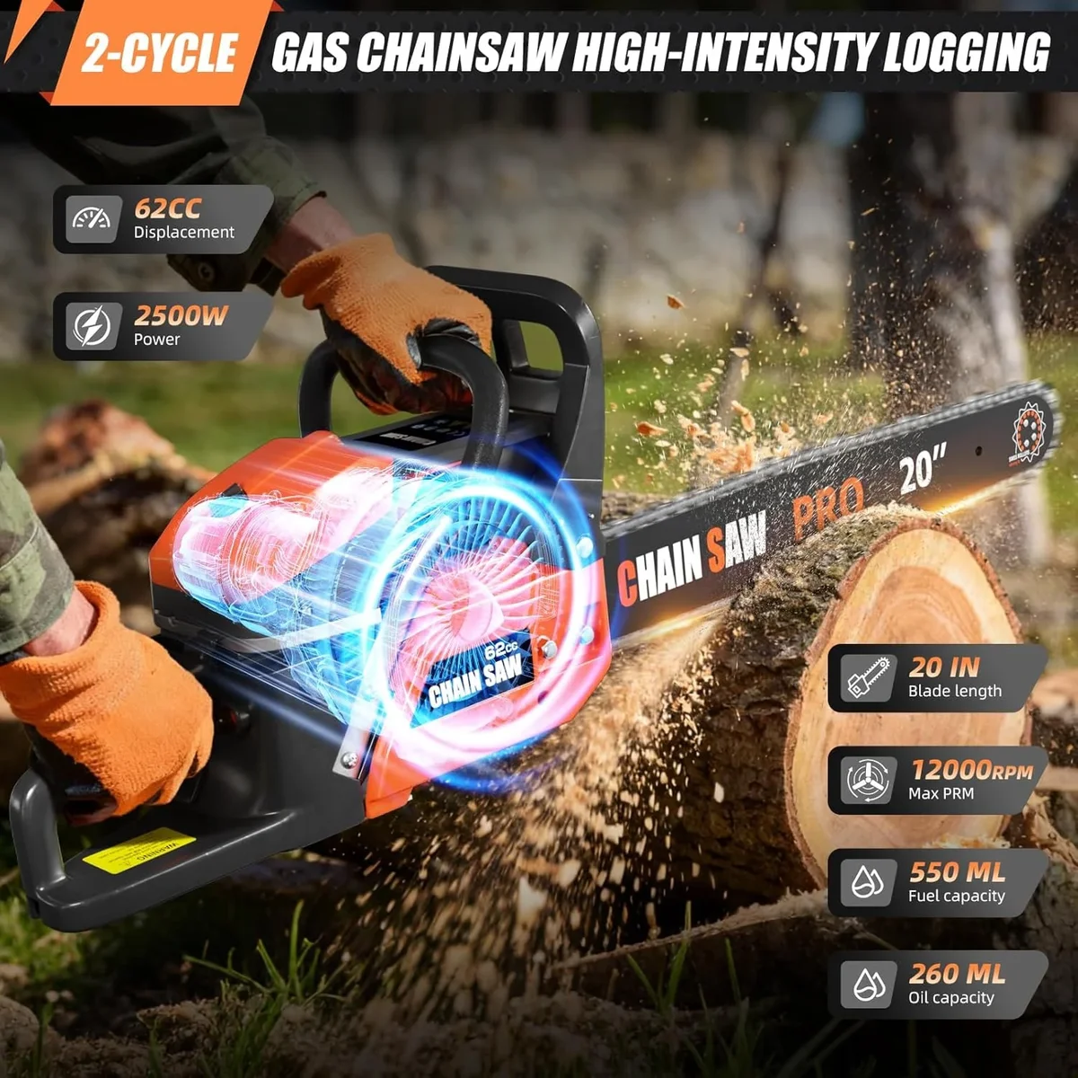 EAYSG 62cc Gas Chainsaw with 20in Bar, 3.5HP Heavy Duty Cordless Chainsaw 2 Cycle Powerful Chainsaws for Tree Felling, Limb Trimming & Firewood 8147