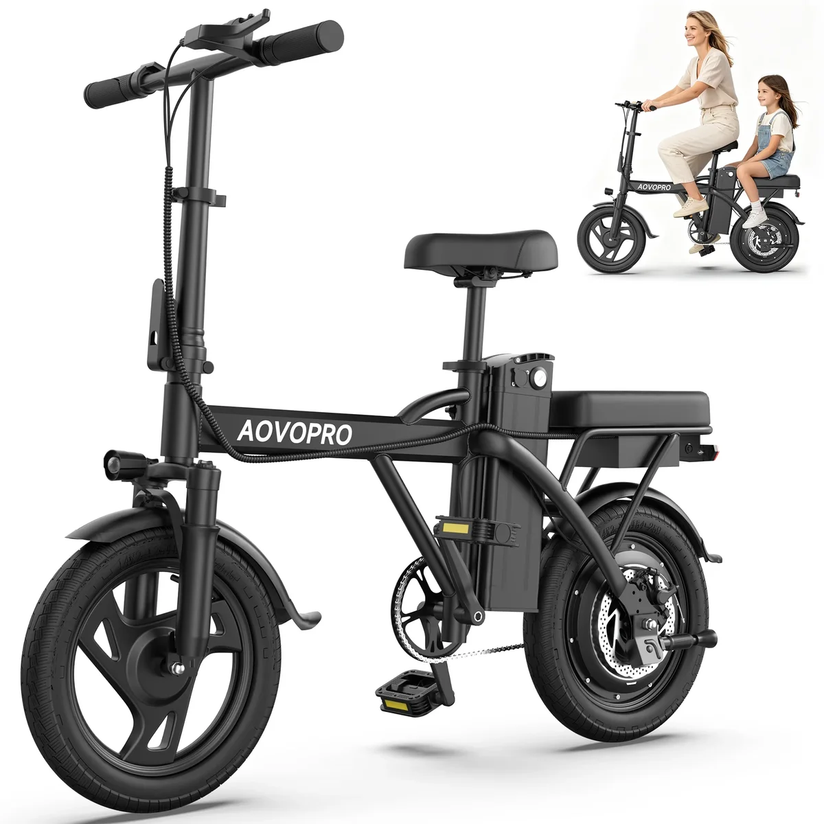 AOVOPRO AHT14 Electric Bike 500W 48V, 14' Mini Ebike for City Commuter, Electric Bicycle for Adult with Two Seats UL2849 3572