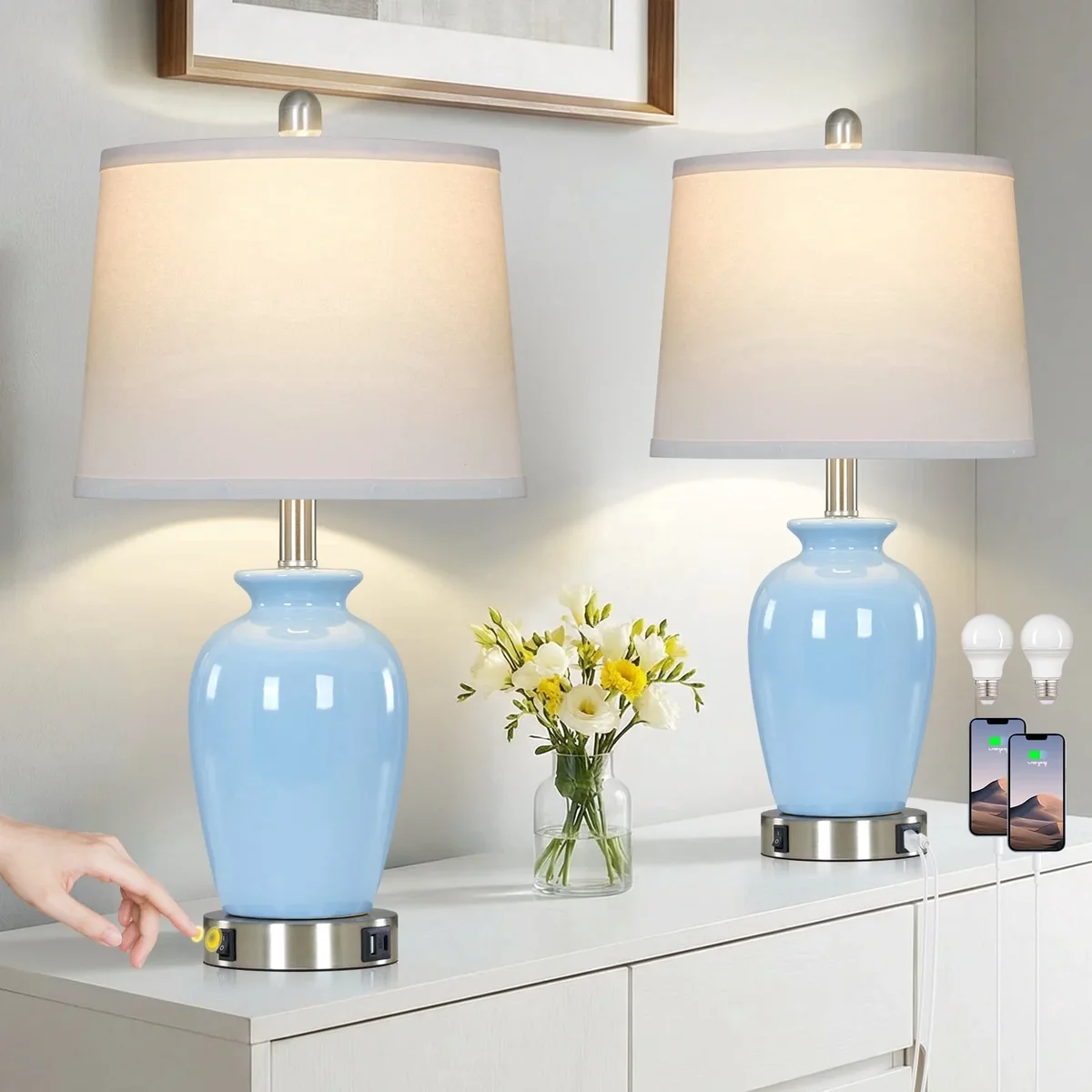 Everdaily Essentials 23" Ceramic Jar Table Lamp Set of 2 for Bedroom Living Room Farmhouse Sky Blue Bedside Nightstand Lamps with USB A+C Charging Ports 7571