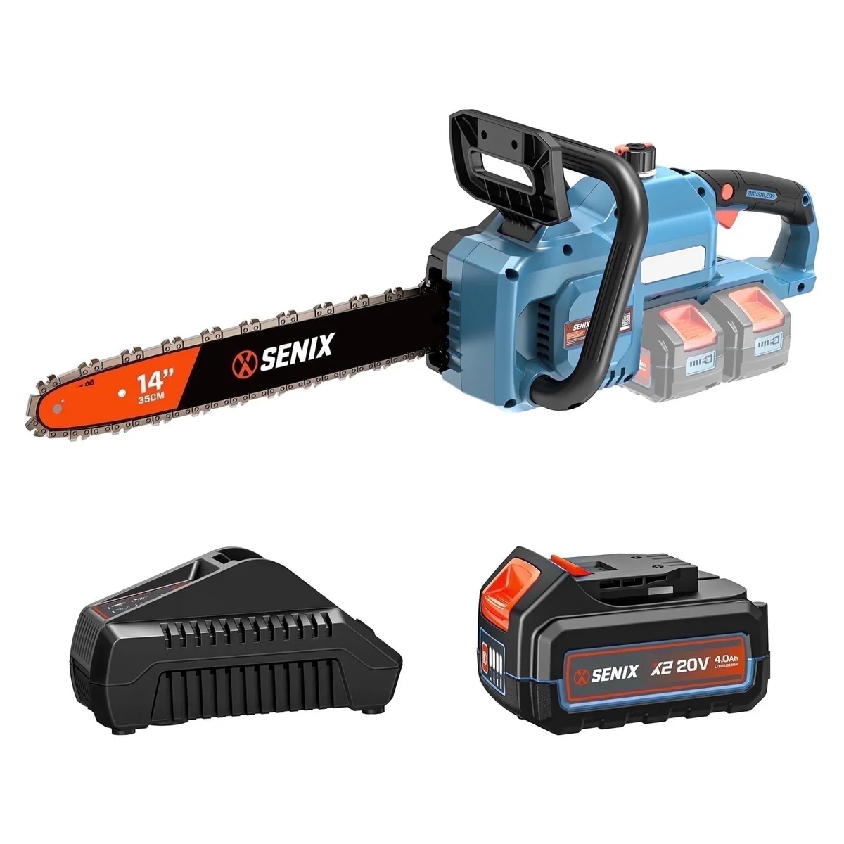 Senix 40V 14-Inch Brushless Cordless Chainsaw w/ Auto Oiler & Tool-Free Tension, 2 x 4Ah Batteries & Charger 0149