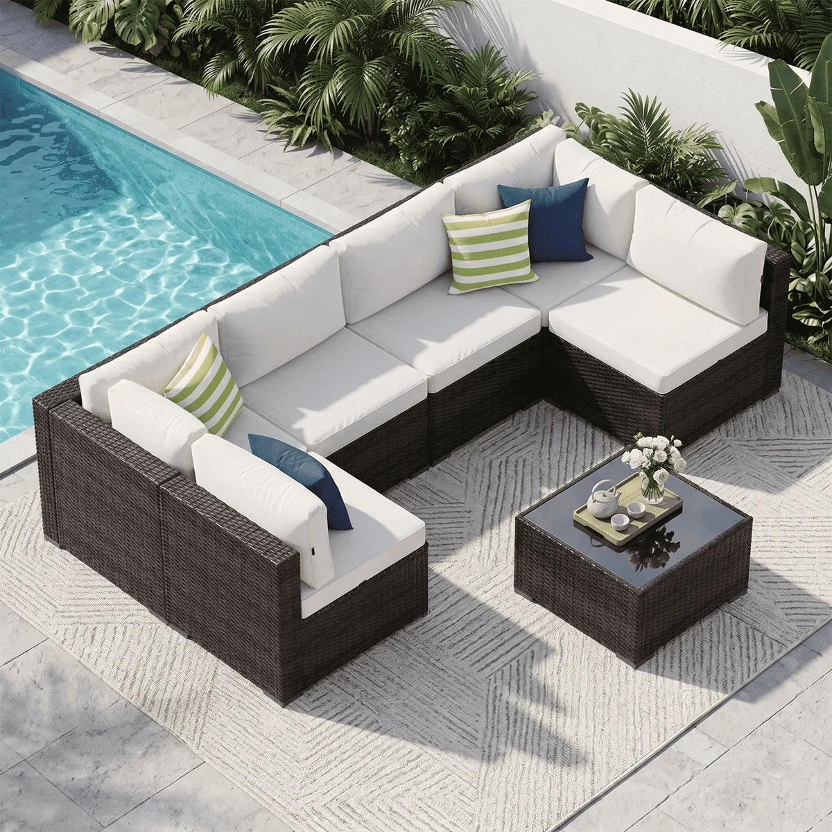 Clouddwell 7 Piece Outdoor Patio Furniture Set, Wicker Rattan Patio Sectional Sofa Sets, Off White 0494