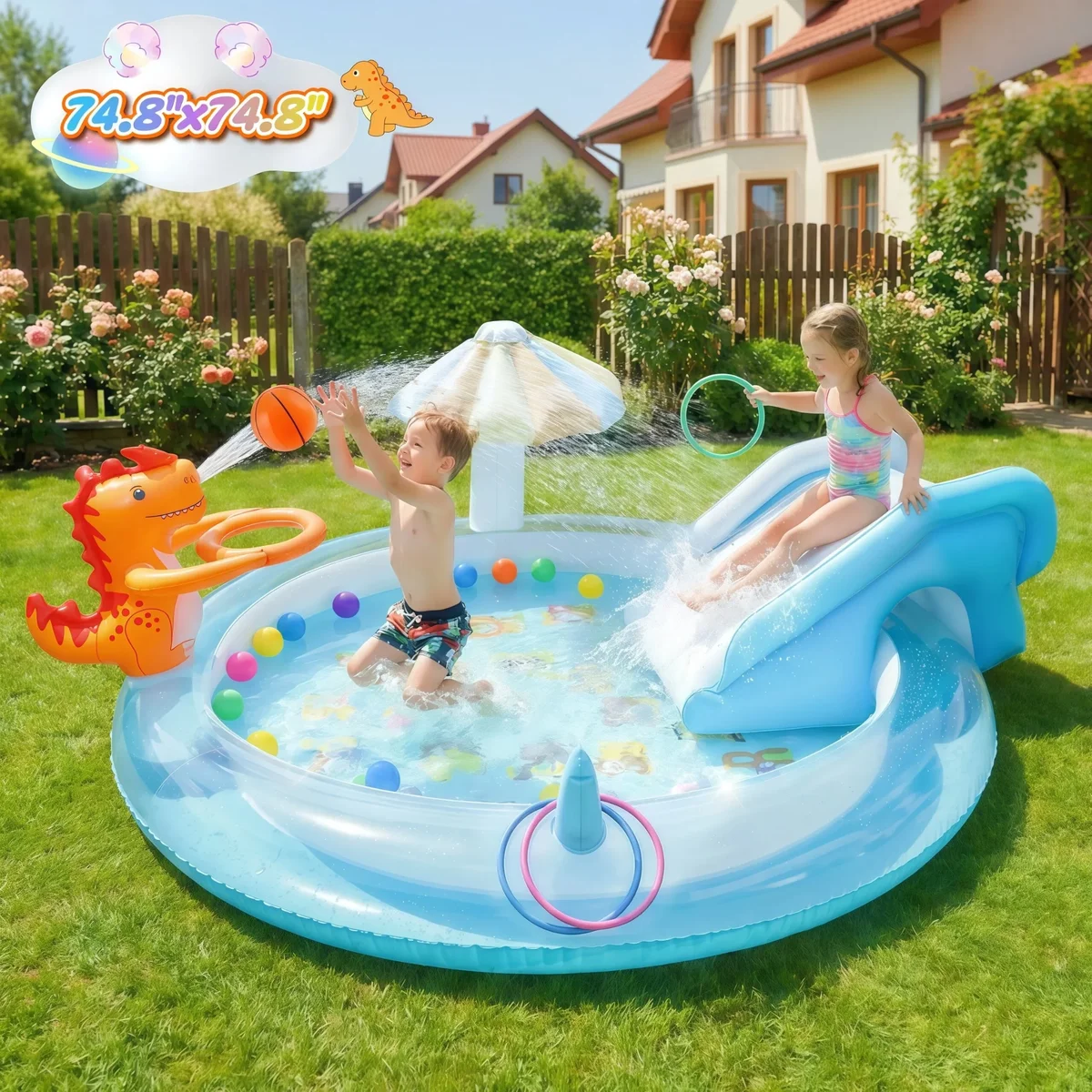 Teblint Dinosaur Inflatable Pool, 75" x 75" x 7.4" Sprinkler Swimming Pool, Spray Kiddie Pool, Play Center Water Toys for Backyard Lawn, Above Gr 5432
