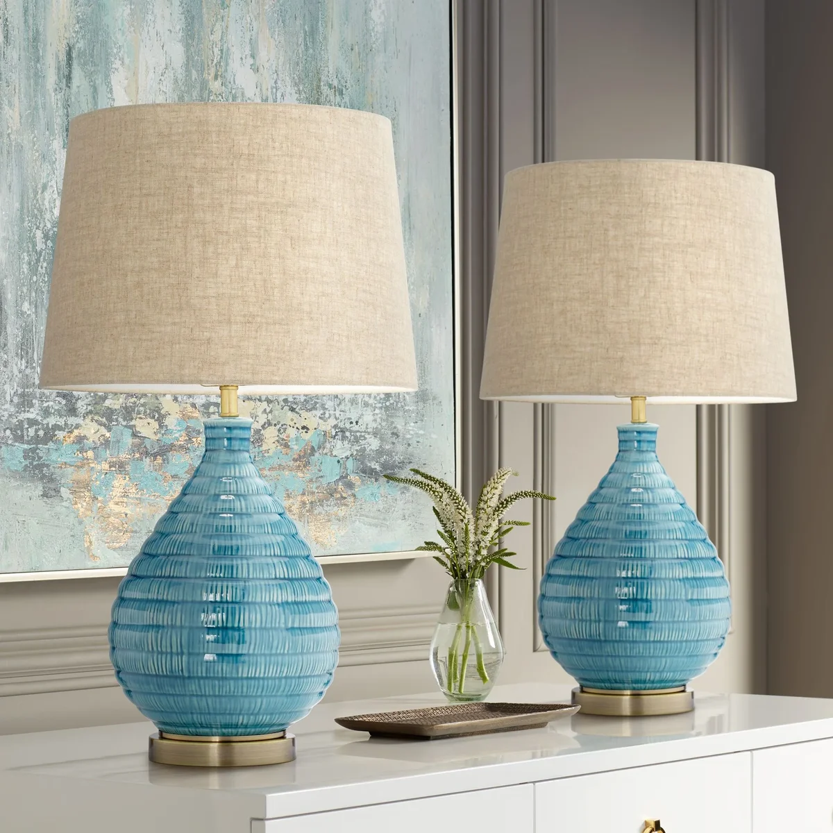 Everdaily Essentials Kayley 24" High Small Mid Century Modern Coastal Table Lamps Set of 2 Blue Ceramic Living Room Bedroom Bedside 6617