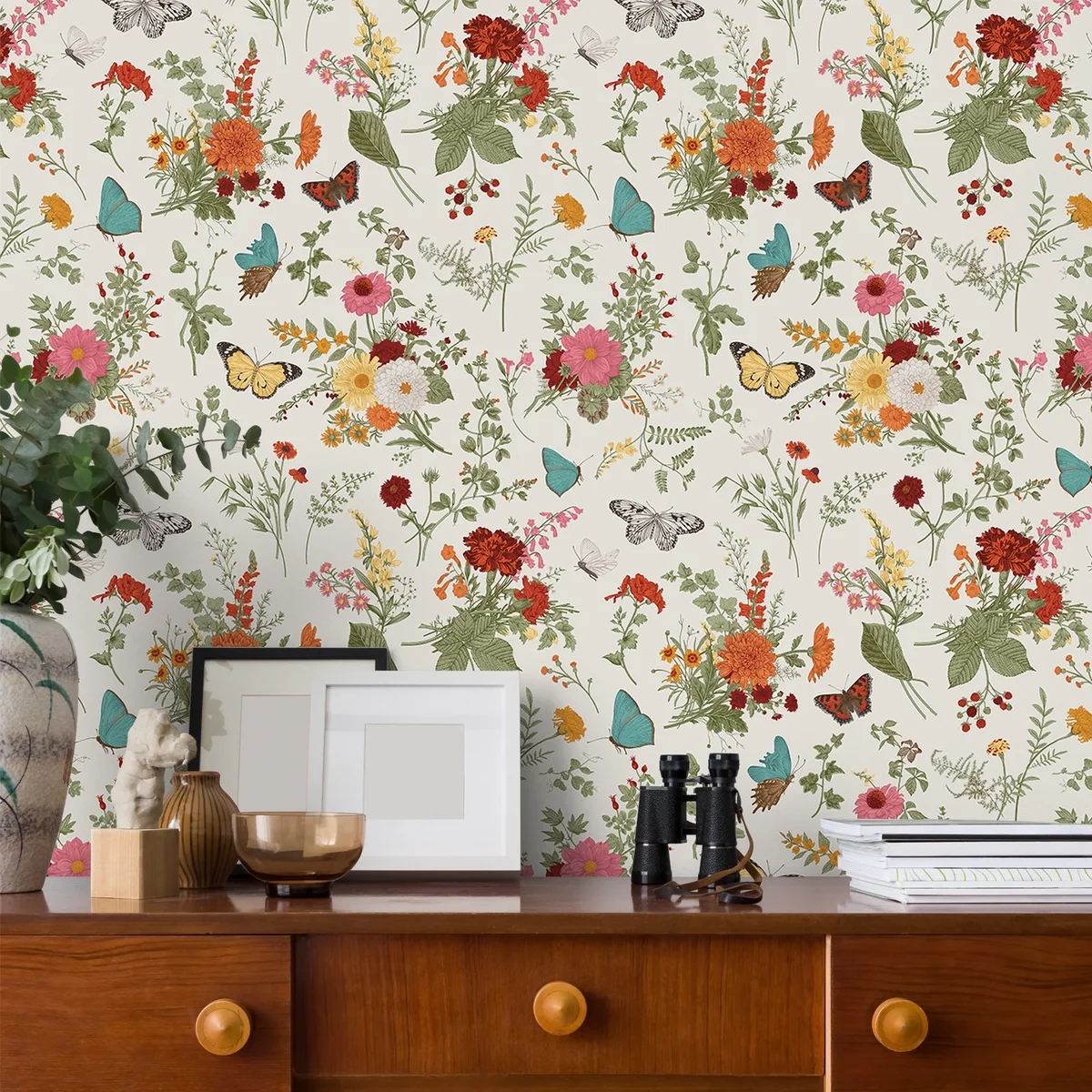 VEELIKE 17.7''x118'' Butterflies Marigolds Floral Peel and Stick Wallpaper Vintage Floral Wallpaper for Bedroom Bathroom Removable Self Adhesive  0895