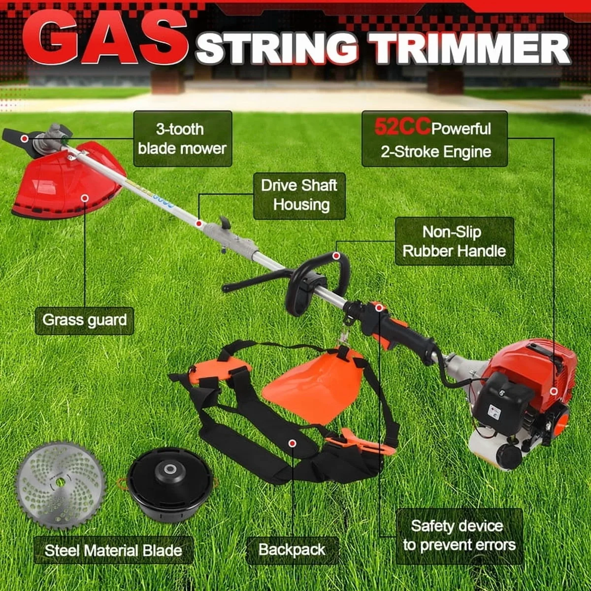 WETS 52CC 2-Cycle Gas Weed Wacker, 5 in 1 Gas Weed Eater, 2025 Upgraded Weed Eater Gas Powe, 9500rpm High Power Gas String Trimmer, Brush Cutter for Y 0103