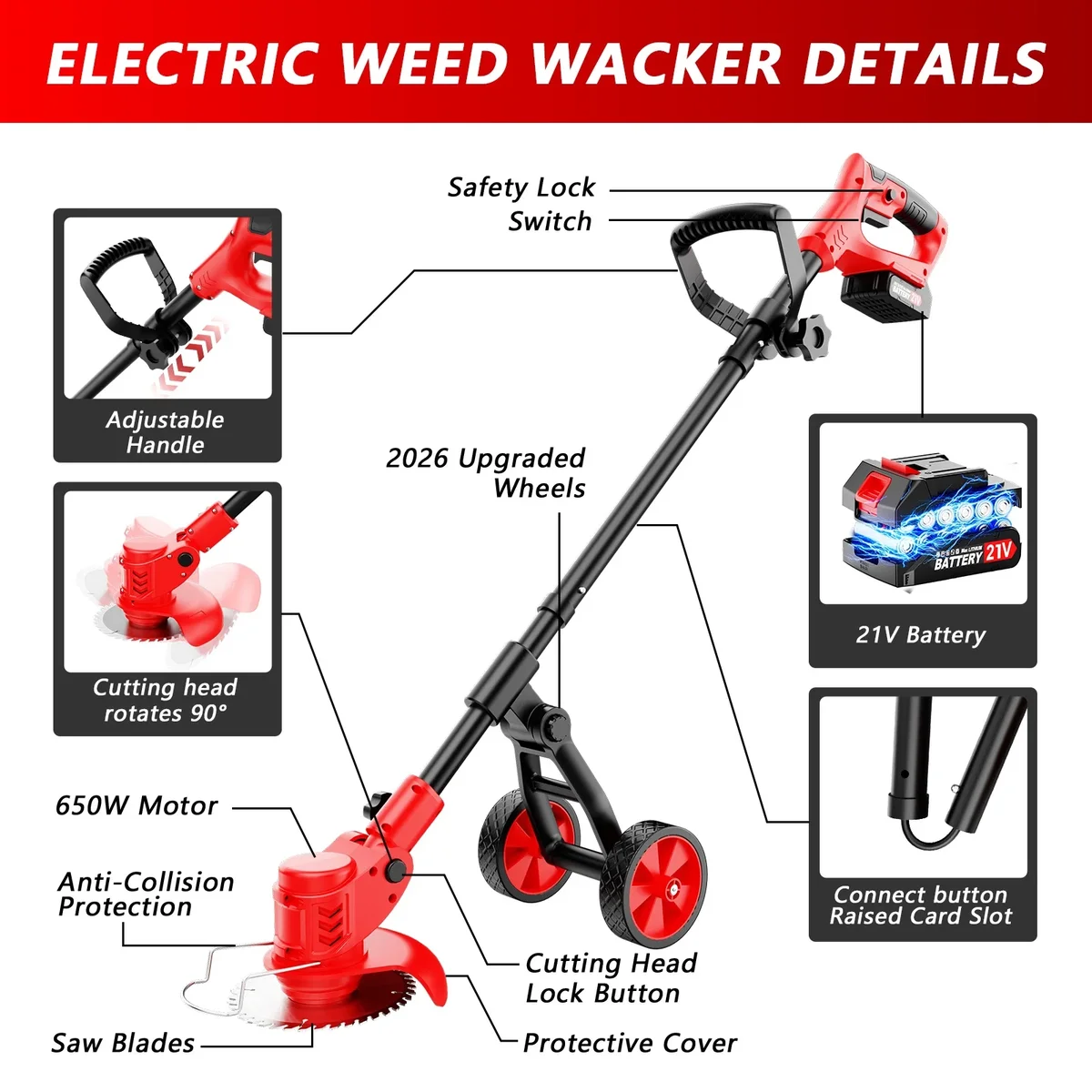 Tanbaby 6 inch Weed Eaters Cordless with Metal Wheels, 3-in-1 Battery Powered Grass Trimmer & String Trimmer/Edger Kit for Lawn Garden Pruning/Tr 1245