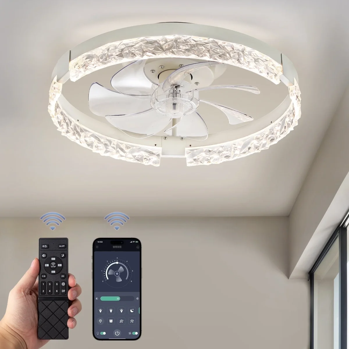 Zardon 18" Ceiling Fan with Light, Low Profile Flush Mount, Remote and Smart App Control, 6 Speeds and Quiet Reversible DC Motor for Bedroom, Liv 9740