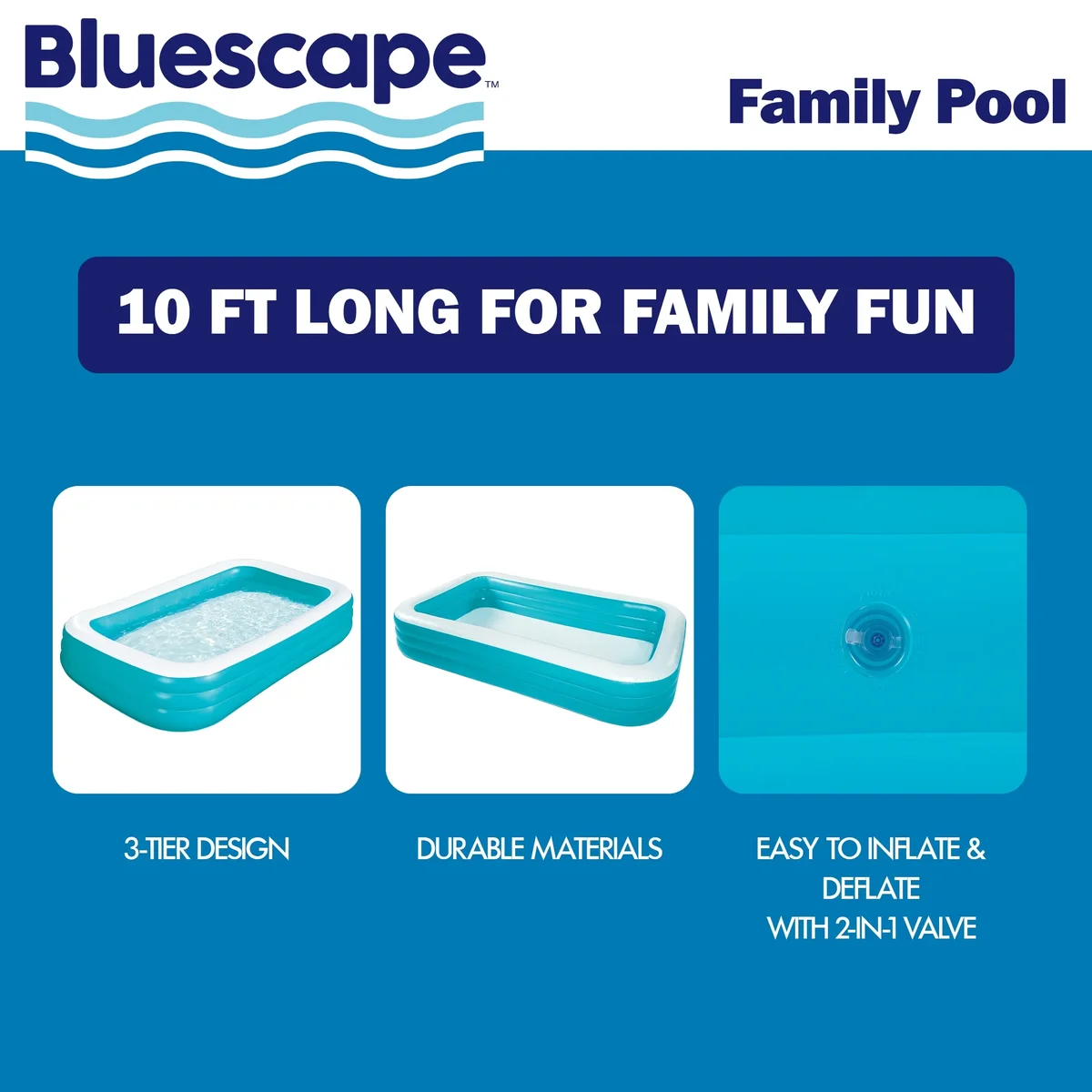 Bluescape 10ft Rectangular Family Inflatable Swimming Pool for Ages 6 and Up 3256