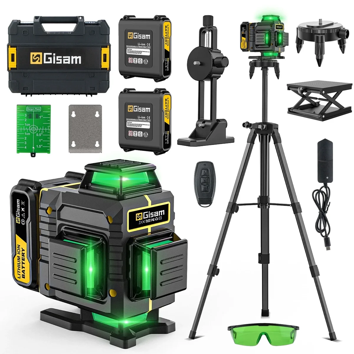 Gisam Laser Level with Tripod , 4x360° Self-Leveling Green Cross Line 4D Laser Tool with Remote Control, Magnetic Bracket  & 2* 4800mAh Battery 2284