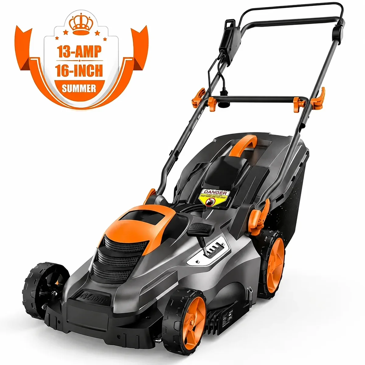 DOVAMAN 13 Amp Electric Lawn Mower, 16-Inch Cutting Width, 5 Adjustable Mowing Heights, 3-Step Foldable Handle, and Collection Bag with Full Indi 9255