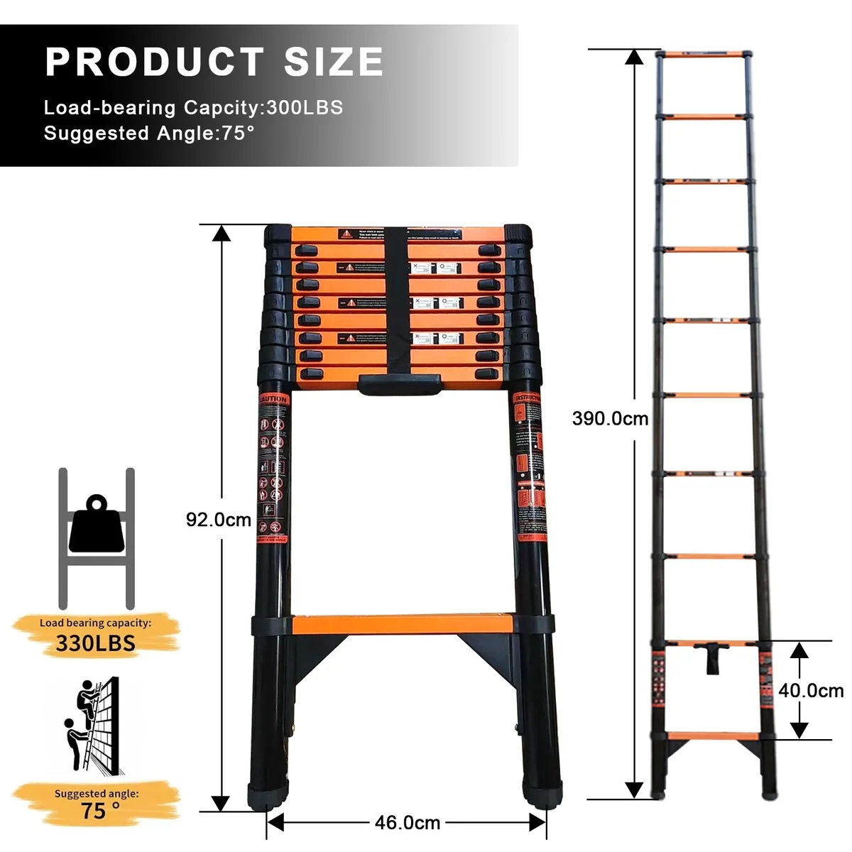 stusgo 12.8FT Telescoping Ladders, 3.9M Carbon Steel Extension Ladder, Heavy Duty 330lbs Capacity 8777