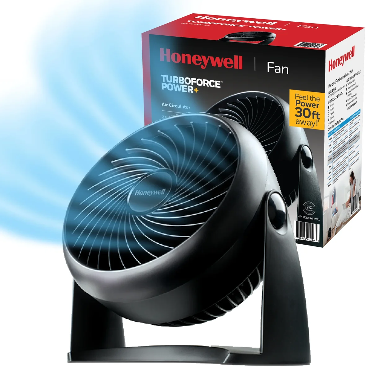 Honeywell 10”  Turbo Force Power Small Table Fan, 30ft. Air Circulation Power, Quiet operation, 3 Speed, 90° Pivot, Wall Mountable, Black, HPF 2352