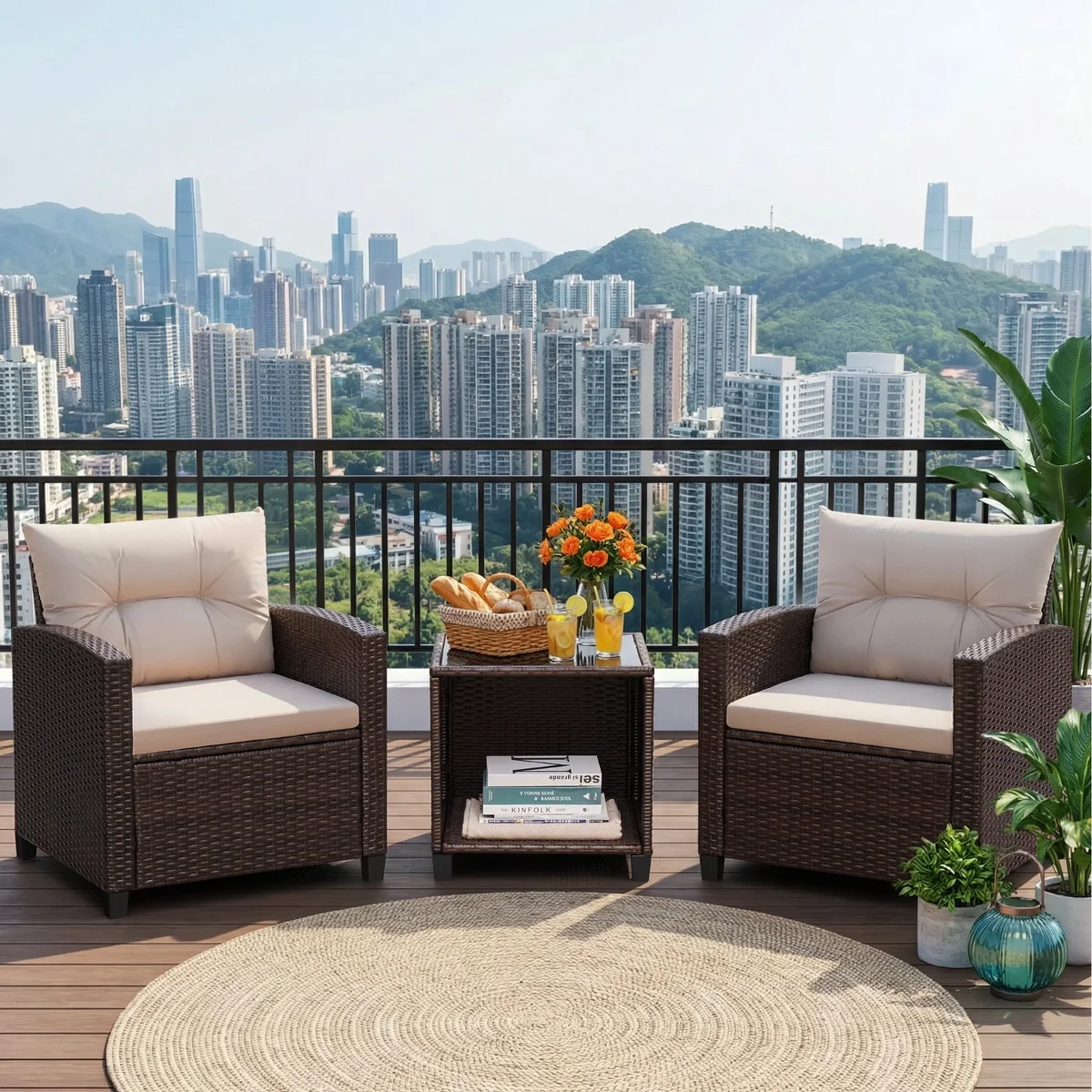 Homall 3 Piece Patio Furniture Set, Outdoor Rattan Chair with Cushion and Coffee Table, Patio Bistro Set for Balcony, Garden, Porch, Beige 0738