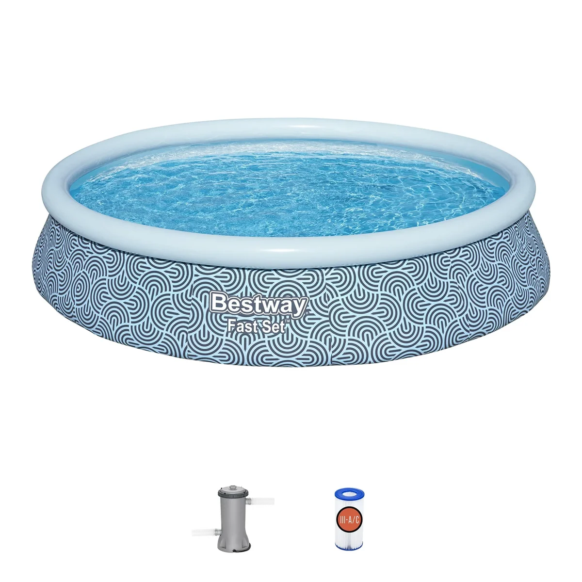 Bestway: Fast Set - 13' x 33" Inflatable Round Pool Set, Blue Abstract, Above Ground Swimming, Fill & Rise, Tritech Construction, Filter Pump, Fa 9499