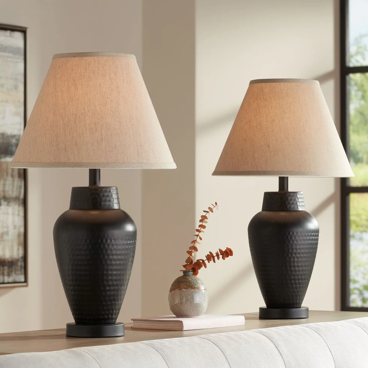 Everdaily Essentials Modern Table Lamps 25" High Set of 2 Rustic Hammered Bronze Metal Vase Natural Linen Empire Shade for Living Room Bedroom 8107