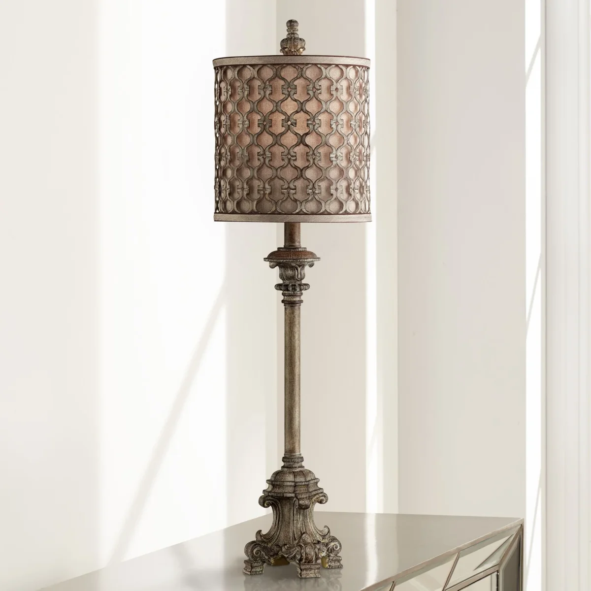 Regency Hill French Buffet Table Lamp Beige Scroll Metal Lattice Candlestick Framed Cylinder Shade for Dining Room 0706