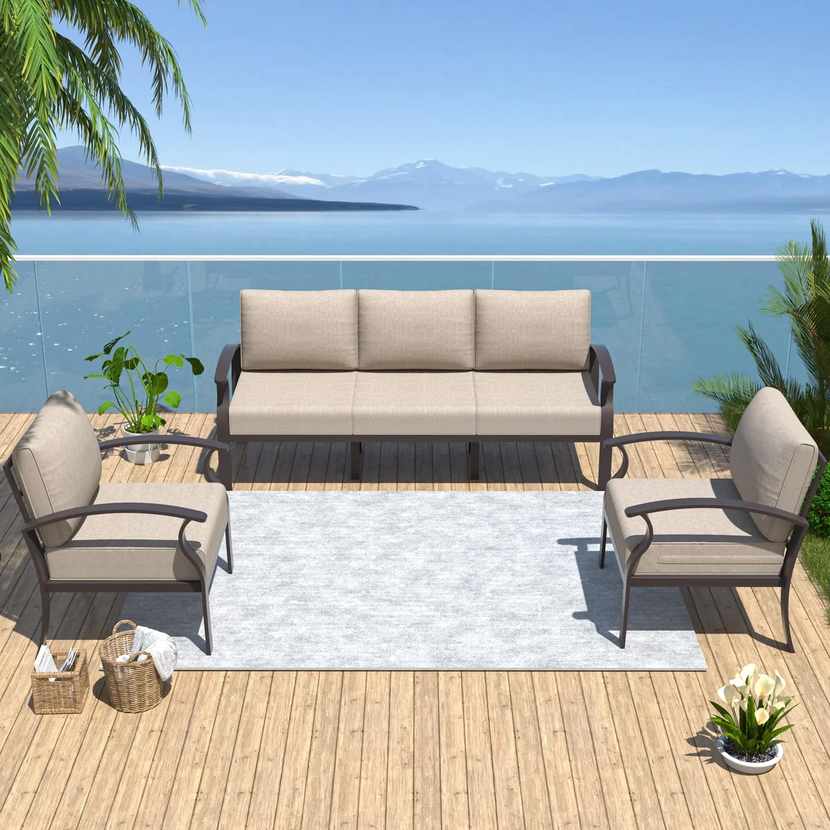 ALAULM Aluminum 5 Pieces Patio Furniture Set, 1 Three-Seater Sofa & 2 Single Sofas with 5.1" High-Resilience Cushions for Patio Backyard Poolside 6251
