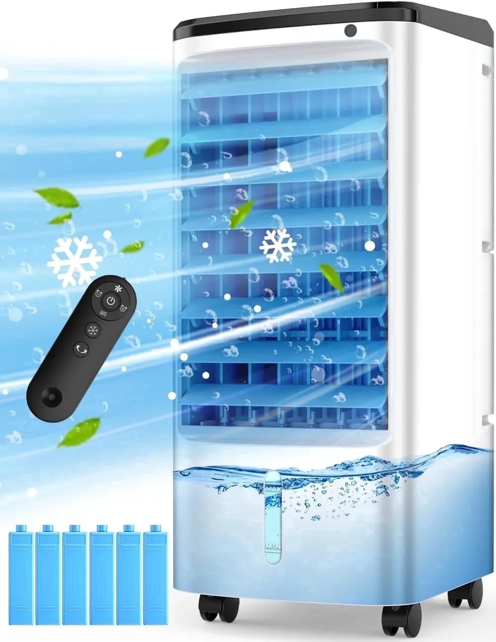 FLOWBREEZE Evaporative Air Cooler, 6Ice Packs, 4Modes&3Speeds, 600Sq.ft Swamp Cooler, Dual Tank for 15H Cooling, 12H Timer, 26Ft Remote, 65°Swing Windowles 5490