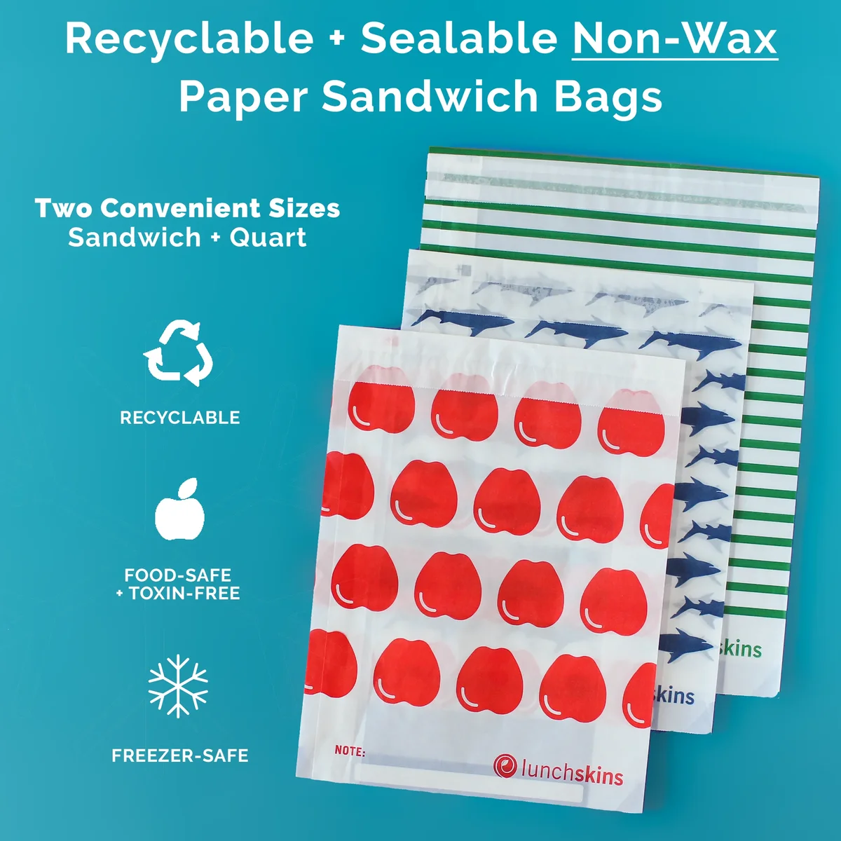 Lunchskins Recyclable & Sealable XL Sandwich Bags – 50 Count | Stripe Design | Eco-Friendly Food Storage Bags Made from Grease-Resistant Glassi 5198