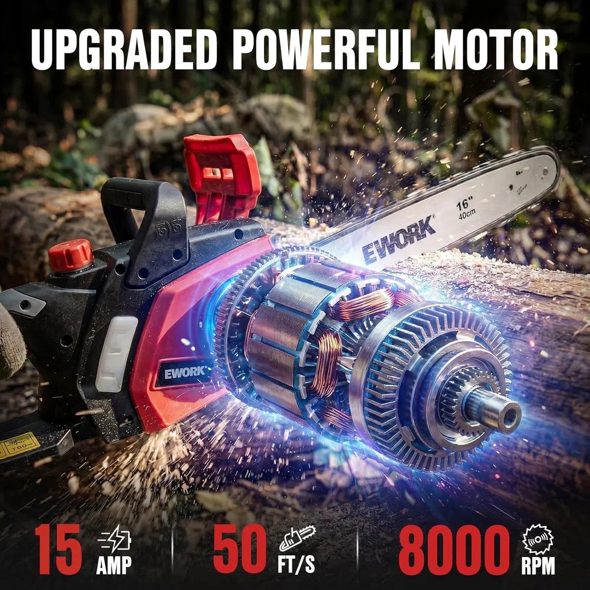 EWORK Electric Chainsaw Corded 16-Inch 15 Amp Electric Chain Saws, Corded Chainsaw with Tool-Free Chain Tension, Auto Oiling, Low Kickback, Elect 4483