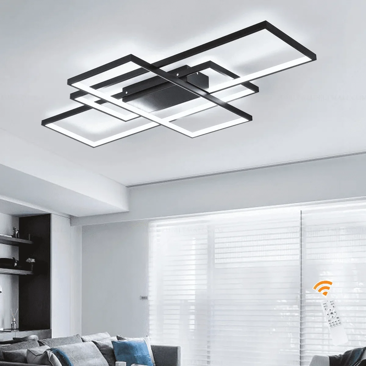 Garwarm 35.4in. Black 3-Square LED Ceiling Light with Remote, 50W Dimmable Flush Mount Ceiling Light, Modern Acrylic Fixture for Living Room Bedr 6710