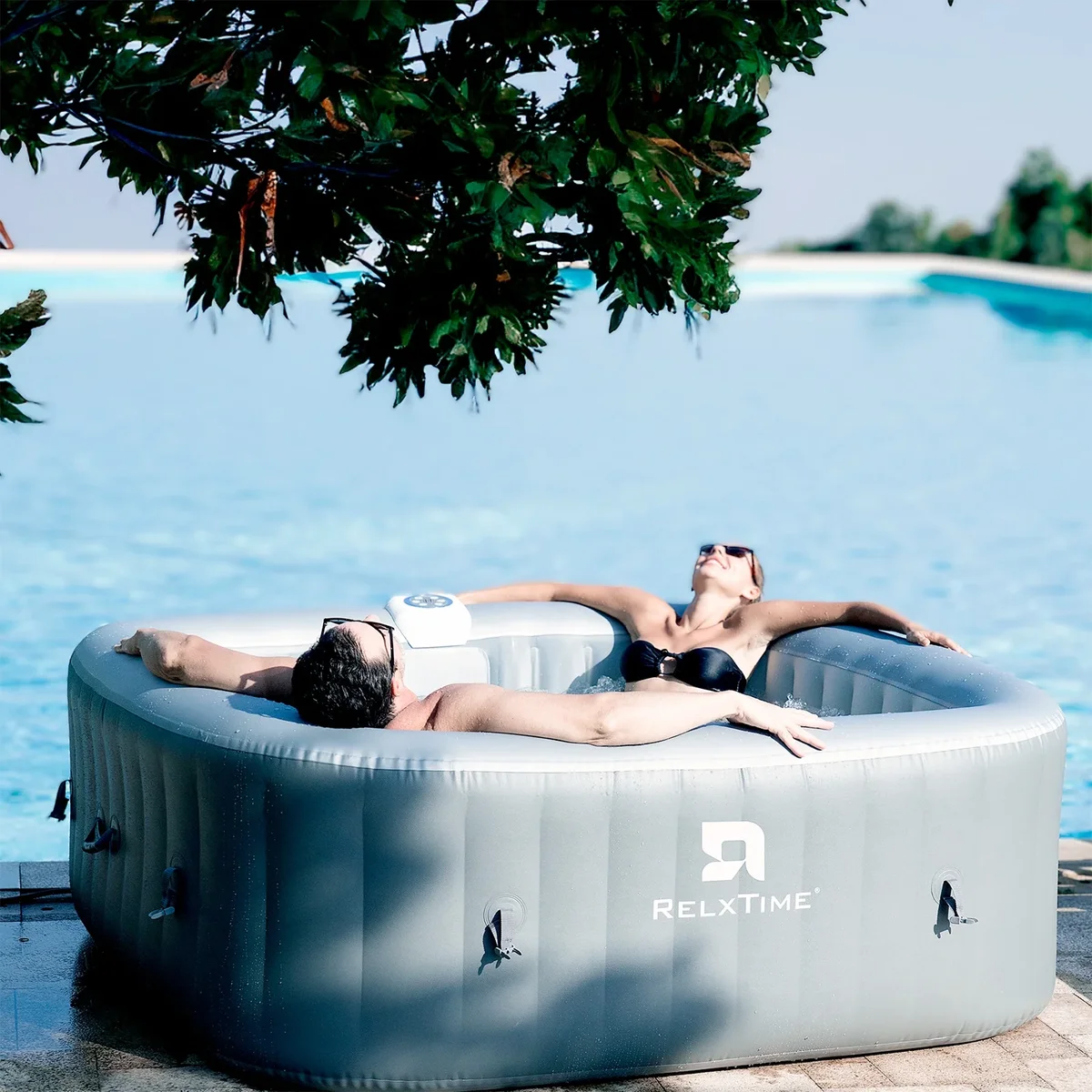 RELXTIME Portable Outdoor Spa, 4-6 Person Inflatable Hot Tub, Square Pool with 130 Massage Jets, 104°F 2448