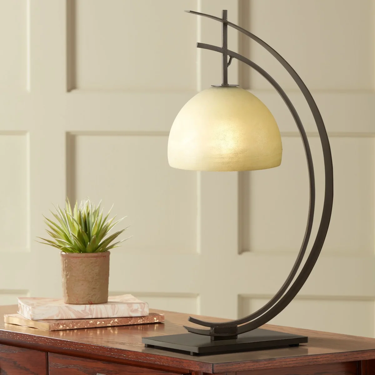Kathy Ireland Orbit 28" Tall Arc Curved Industrial Table Lamp Brown Bronze Finish Metal Single Amber Shade Living Room Bedroom 8359