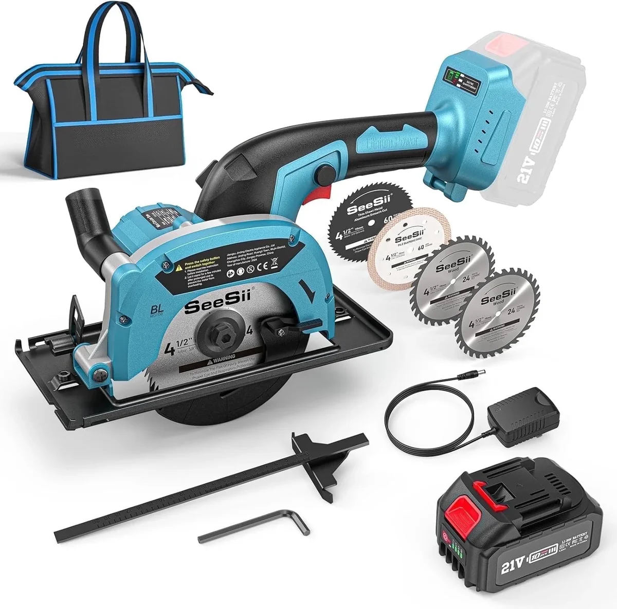 SeeSii Mini circular saw cordless compact electric 4-1/2“ with 4.0 Ah battery, 5380 rpm, 4 saw blades, crevice guide, maximum cutting depth 1-1 2433