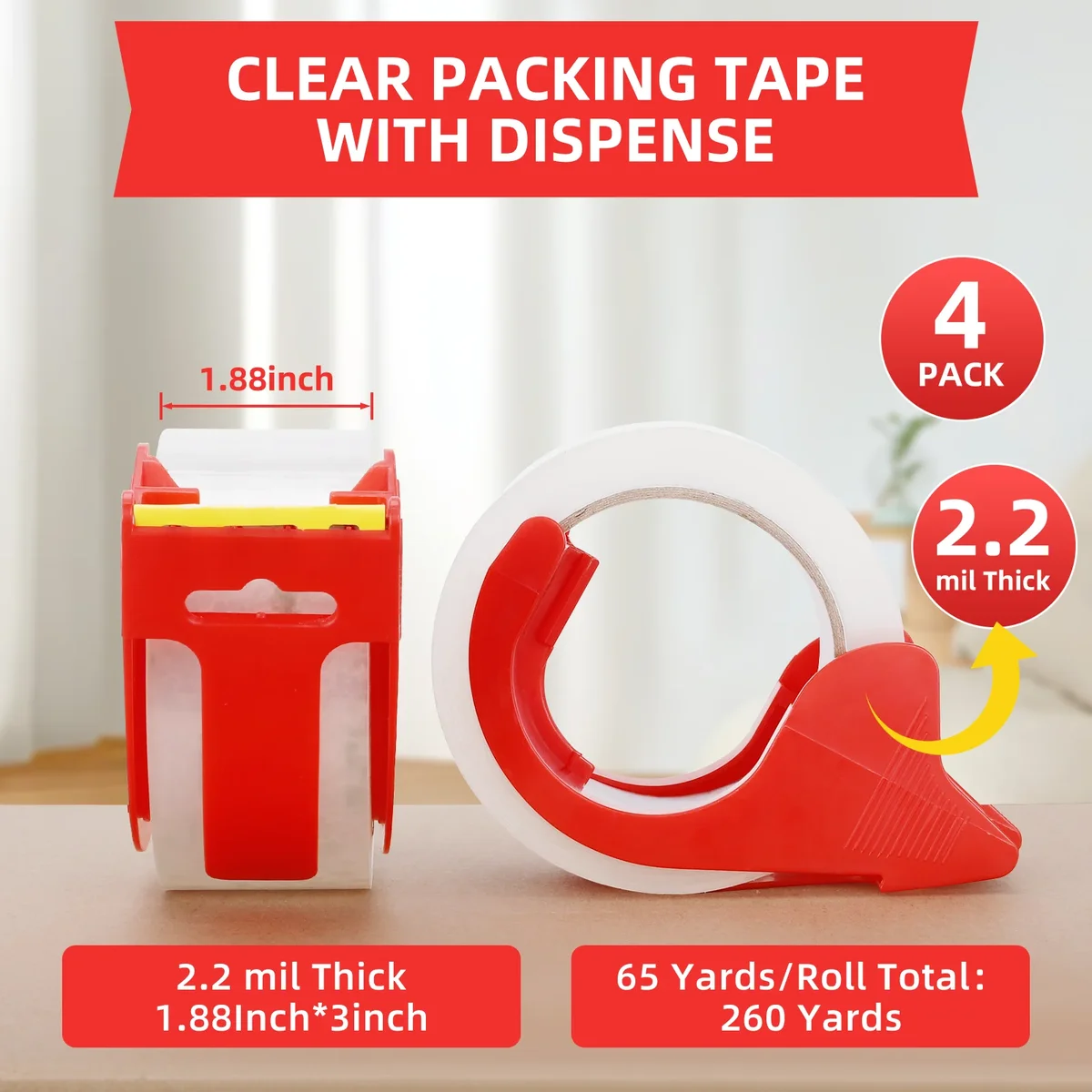 YOSINT 4 Rolls Heavy Duty Packing Tape, 2.7 mil Clear Shipping Tape, 1.88 inch x 65 Yards per Roll, Strong Adhesive for Packaging, Mailing, Moving & Sto 5702