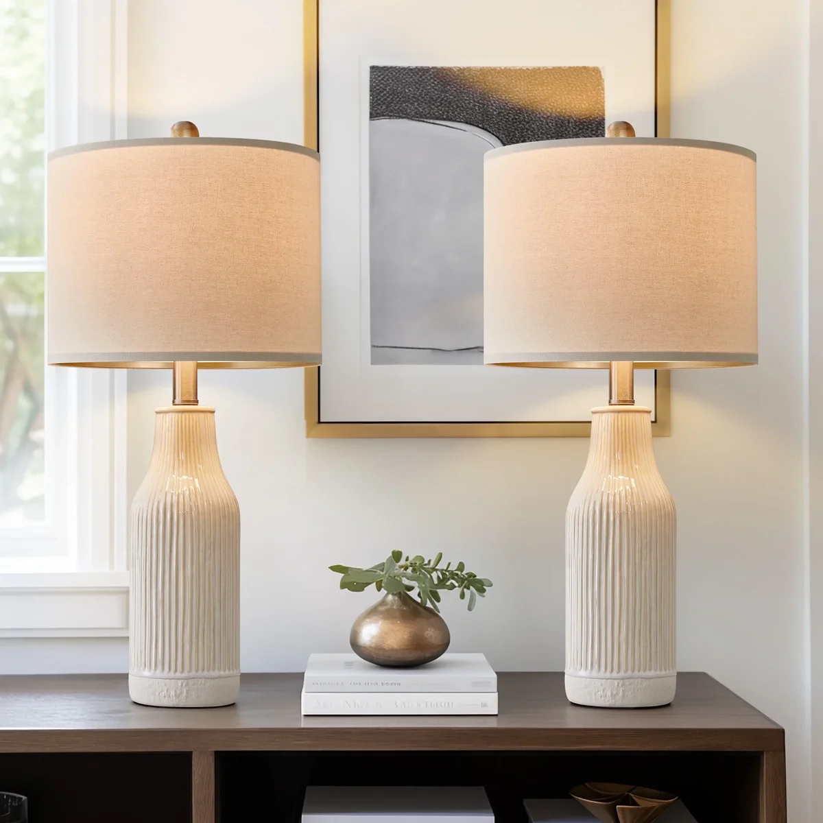 Yokila White Ceramic Table Lamps Set of 2 for Living Room Bedroom 23.25" Modern Bedside Nightstand Lamps 0933