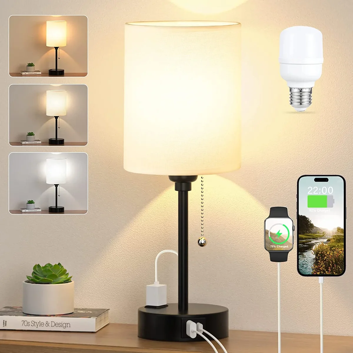 CAALOGT Table Lamp with USB Ports, AC Outlet, 3 Color Temperatures, 14.6 inch Bedroom Lamp 8417