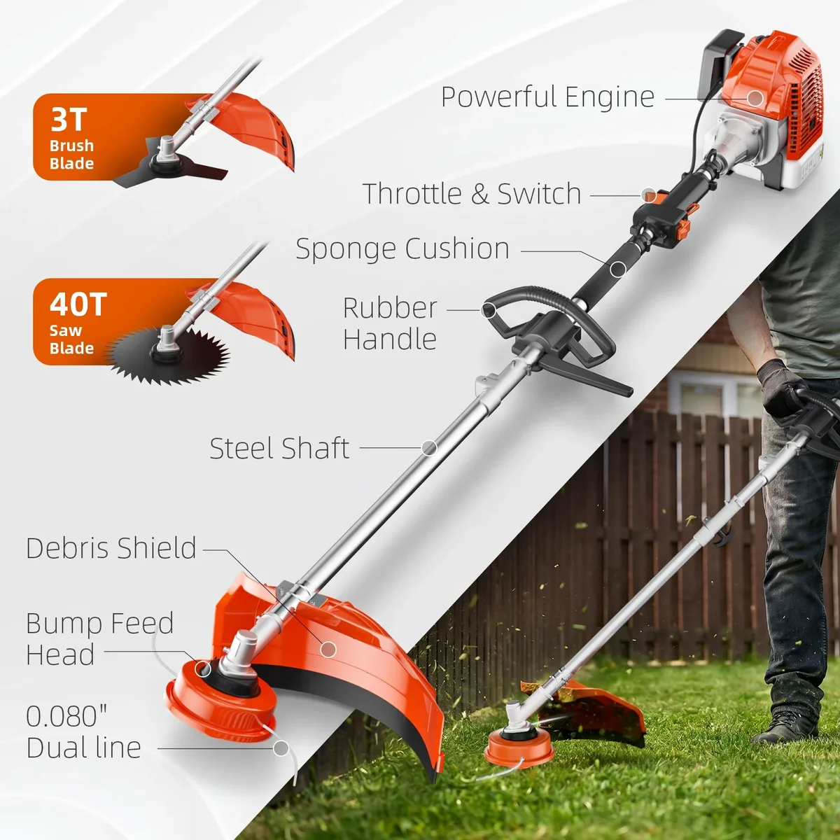 Prowoo 52cc Gas Powered Weed Eater String Trimmer, 3 in 1 Gas Weed Wacker, Powerful 2 Stroke Yard Tool,Quick Start Grass Cutter for Home Garden L 7390