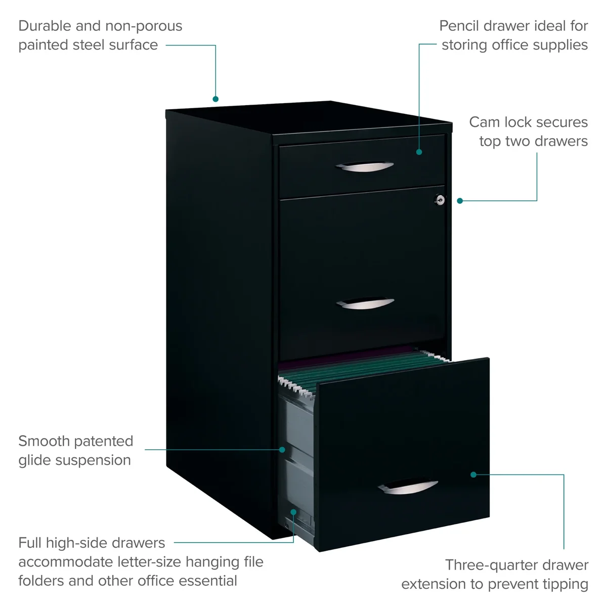 Space Solutions 3 Drawer Letter Width Vertical File Cabinet with Pencil Drawer, Black 9683