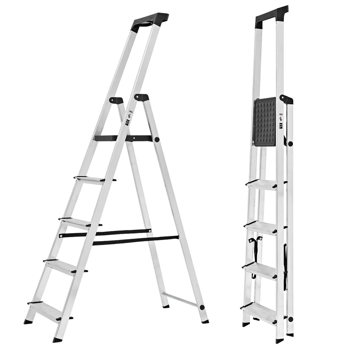 edx 5-Step Aluminum Folding Step Ladder, 330 lb Capacity – Non-Slip Steps, Safety Rail, Steel Platform, Tool Tray, Slim Fold for Home & Garage, 0645