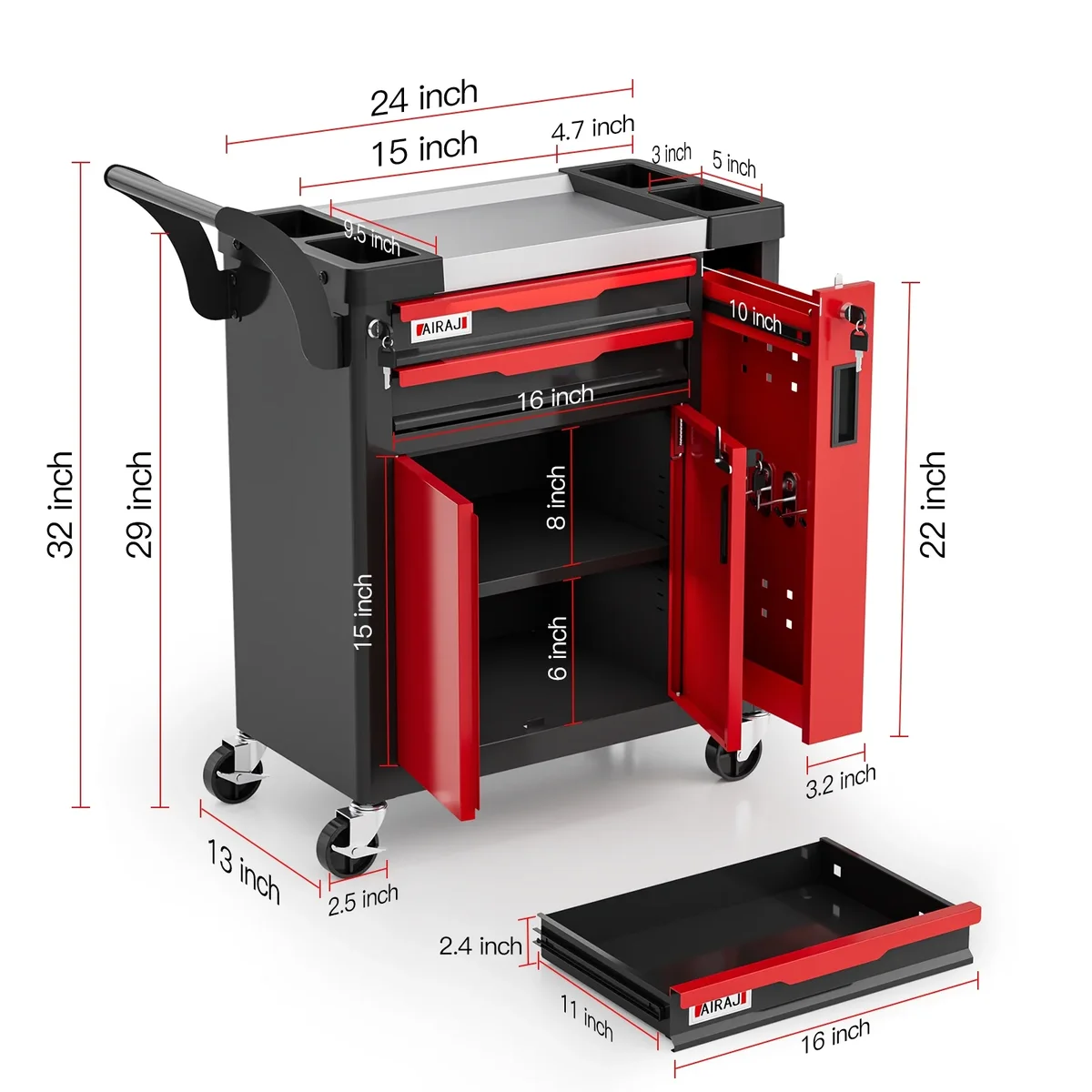 Airaj 2-Drawer Rolling Tool Chest with Lock, Large Mobile Tool Cart & Cabinet for Garage Workshop Storage, Heavy-Duty Red 0592