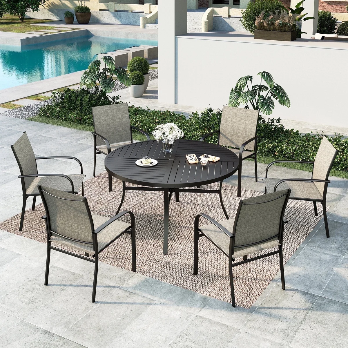 SUMMIT LIVING 7-Piece Outdoor Patio Dining Set with 6 Pieces Textilene Chairs & Round Steel Table with Umbrella Hole, Black & Brown 8692