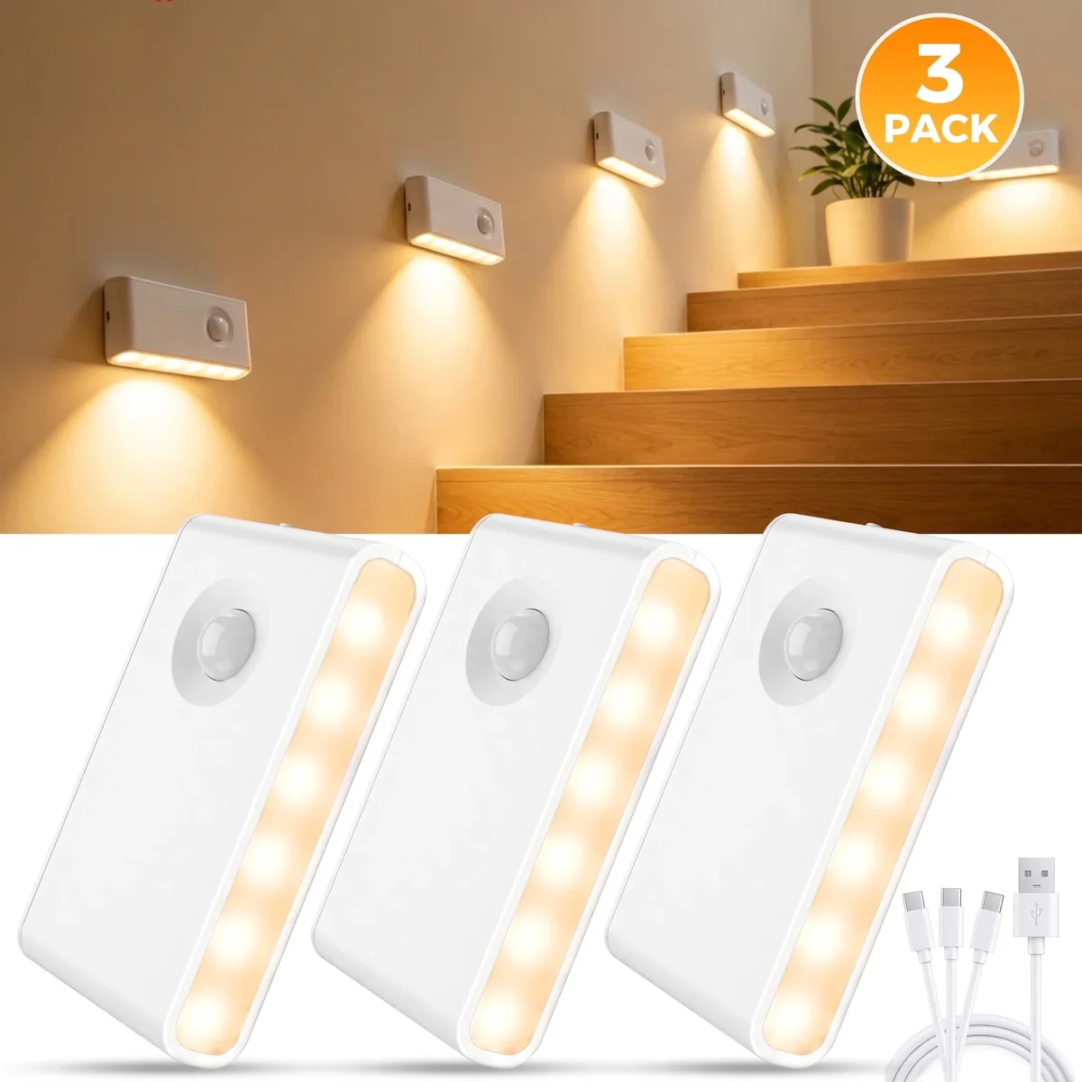 VOLIVO 3 Pack LED Motion Sensor Night Lights, Warm White Battery Operated Indoor Lights for Stairs, Hallway, Bathroom, Bedroom, Kitchen and Close 3844