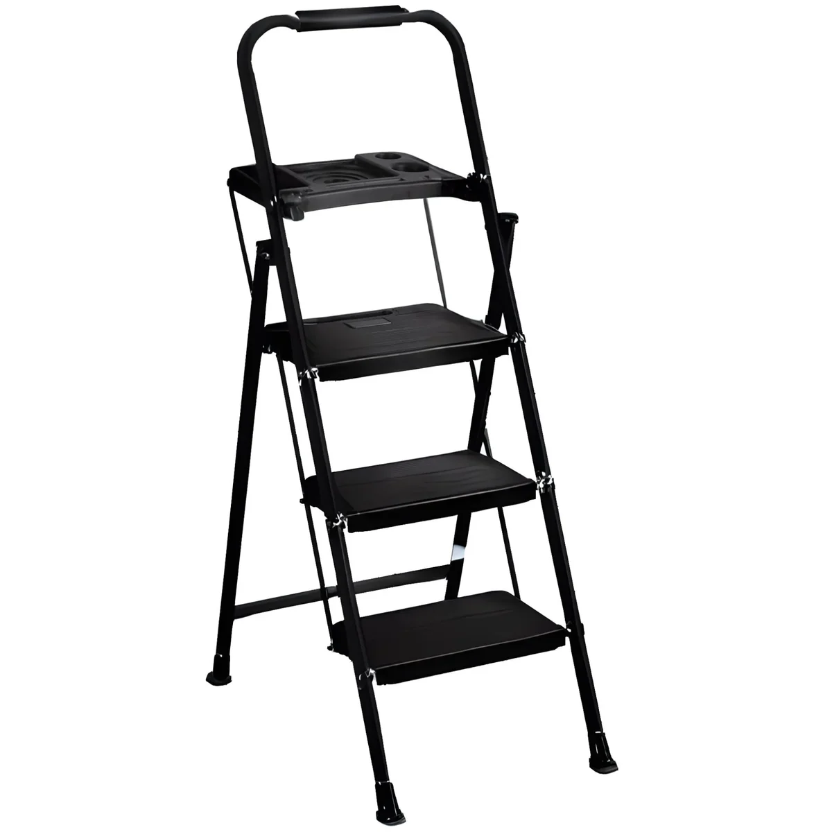 ZENSTYLE 3 Step Ladder Folding Step Stool Portable Metal Frame Ladder with Tool Tray Wide Non-Slip Pedal, Black 7574