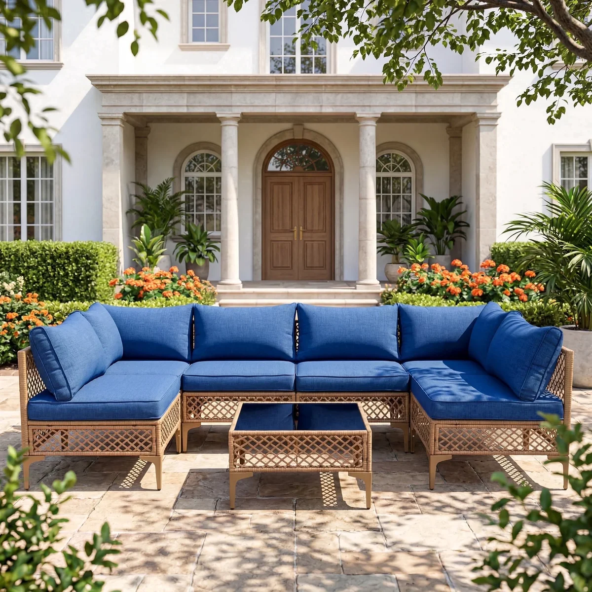 MaagorVita 7Pcs Outdoor Patio Furniture Set, Modular Outdoor Sectional, Modern Rattan Wicker Sofa Set with Coffee Table and Washable Thick Cushio 9778
