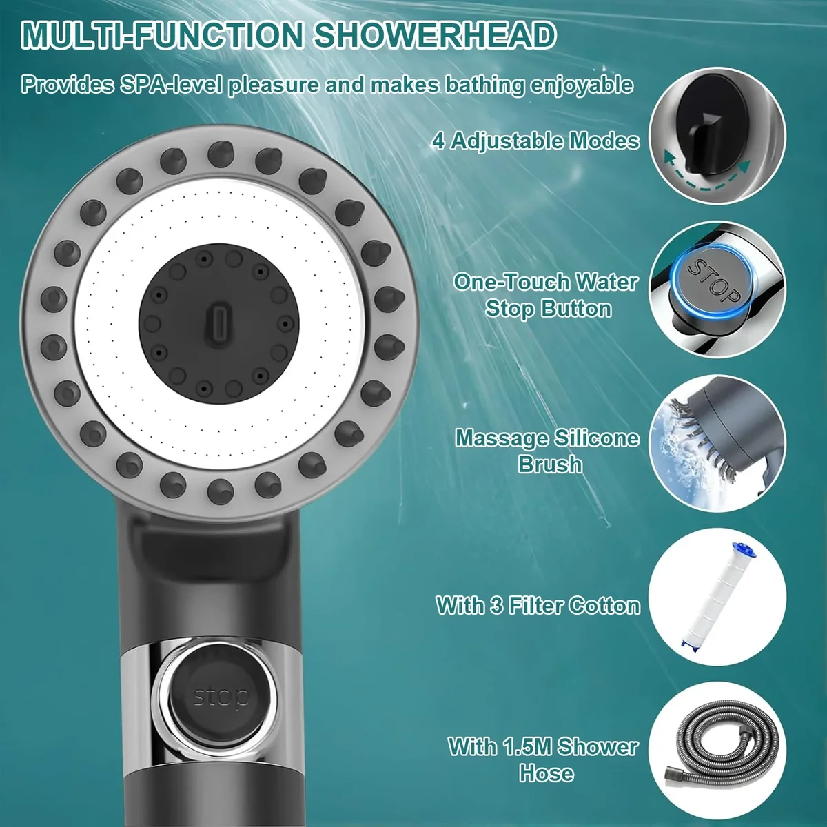 Everdaily Essentials Ion Drops Shower Head, High Pressure Shower Head and Hose Set with 4 Filters, 59‘’ Hose & Bracket, 4 Spray Modes & Pause Switch, Ion Drops Fi Ref. 0992