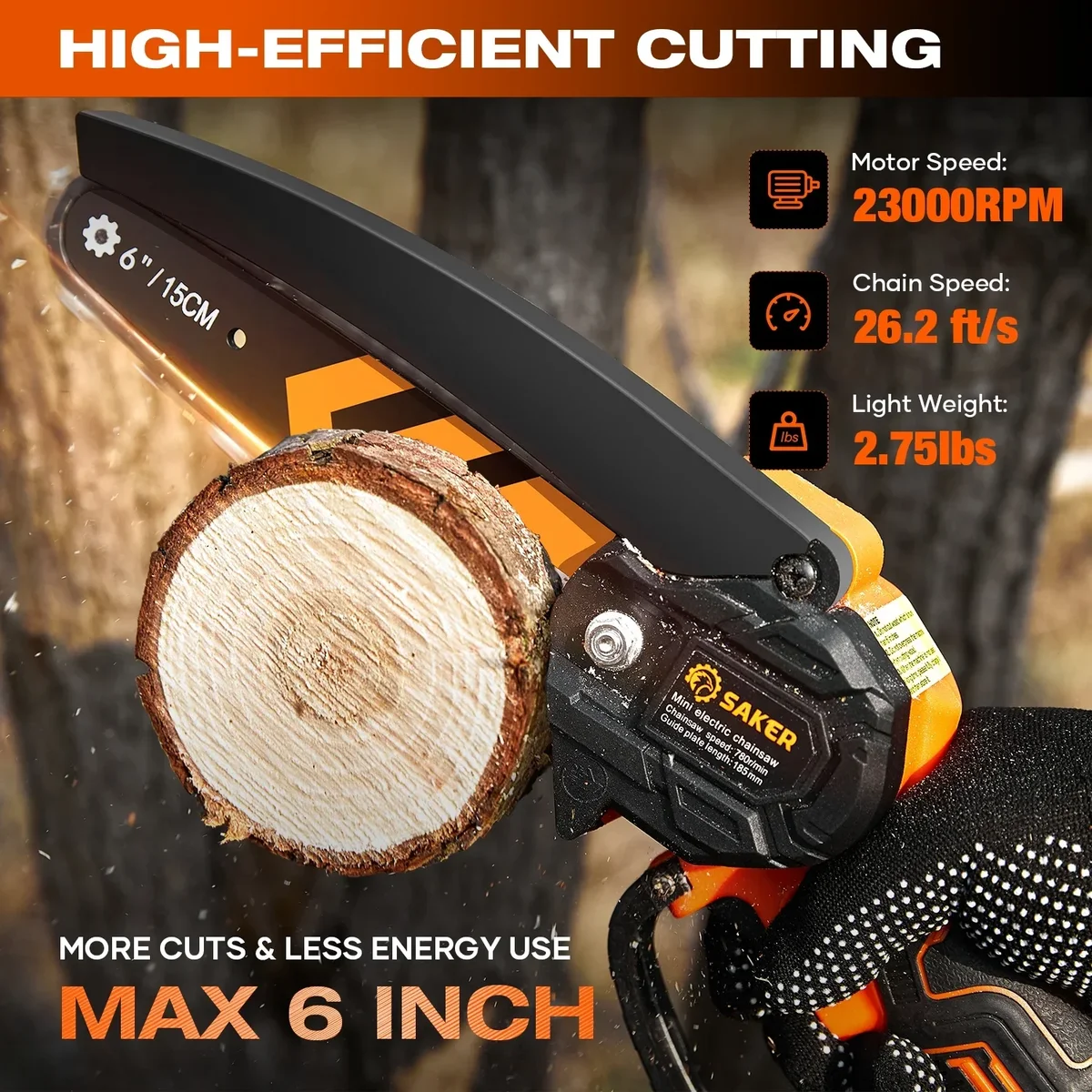 Saker Handheld Mini Chainsaw, 6-Inch Electric Chainsaw for Tree Trimming, Wood Cutting, Portable & Cordless, Includes 2 Chains & 2 Batteries, Ora 4877