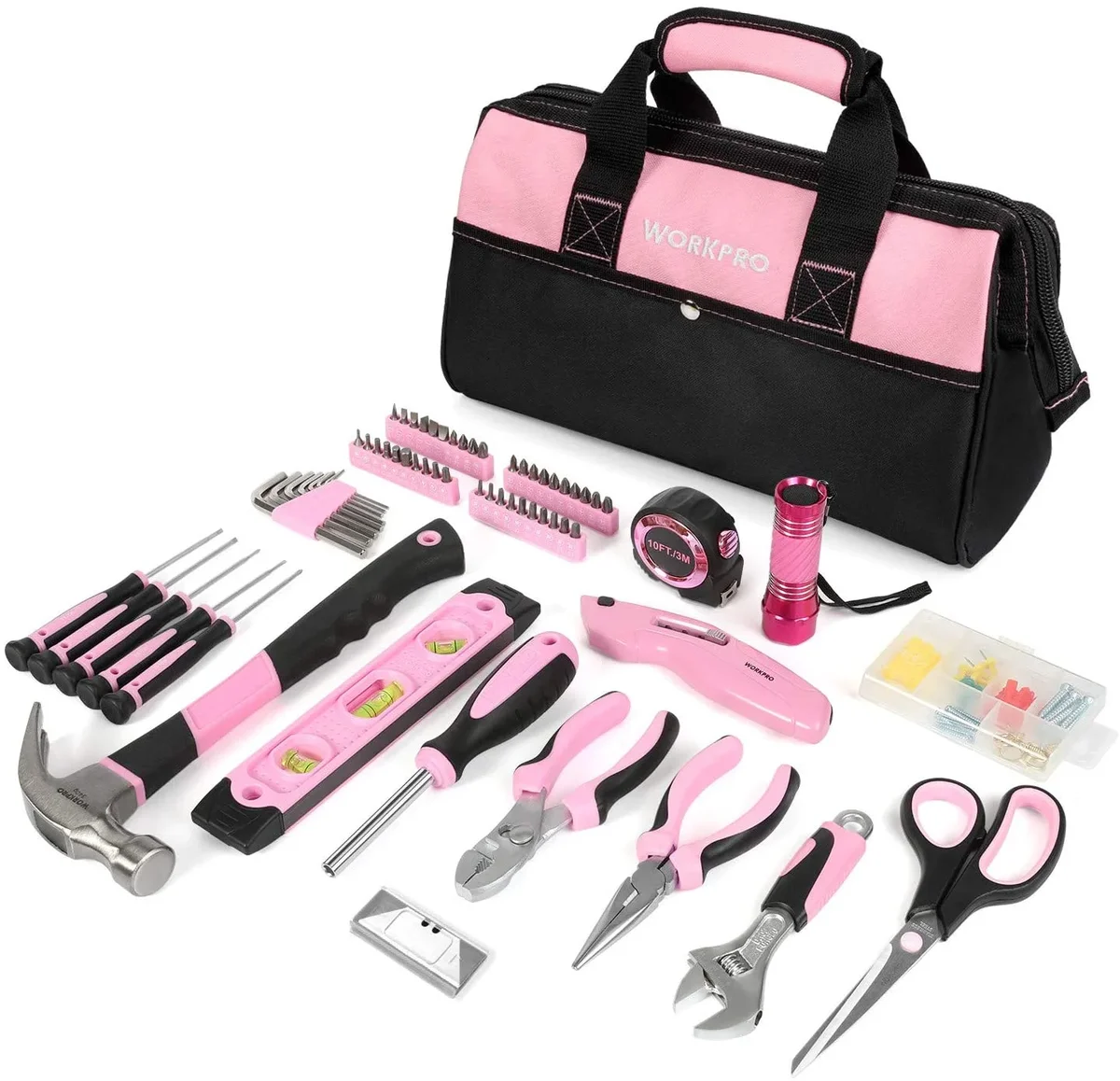 WORKPRO Pink Tool Kit, 106-Piece Lady's Home Repairing Tool Set with Wide Mouth Open Storage Bag - Pink Ribbon 8620