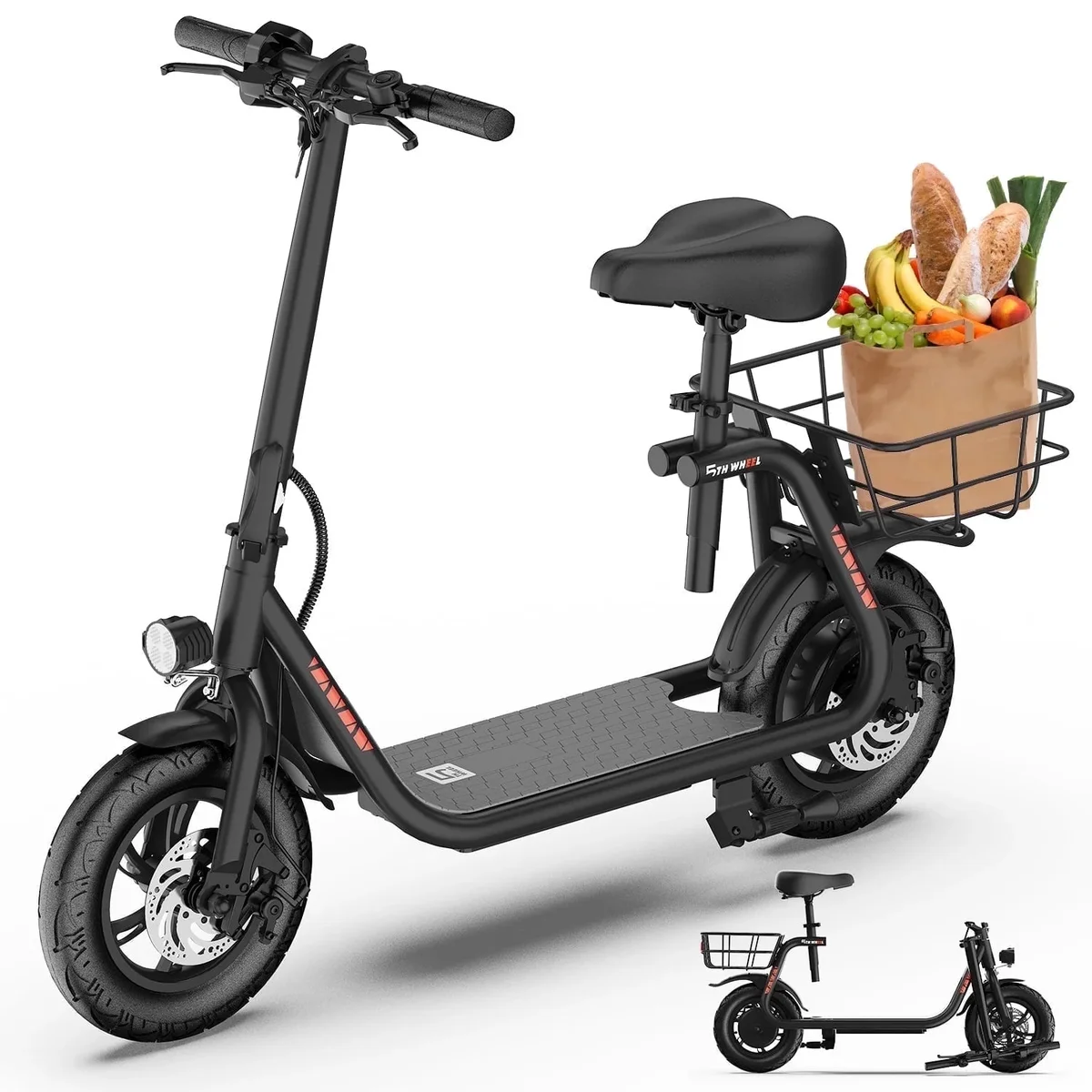 5TH WHEEL W18S 450W Motor Electric Scooter for Adults with Seat and Carry Basket, 36V 20Miles Range & 15.5Mph, 12" Foldable E Scooter for Commuti 9505